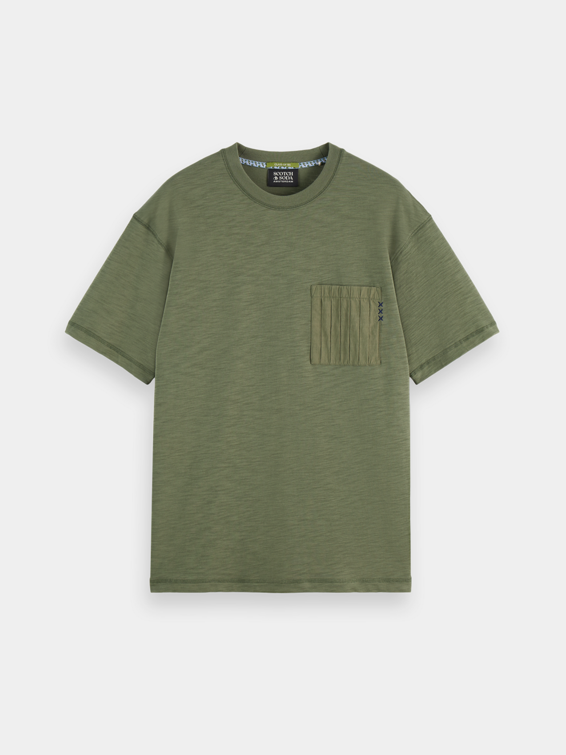 Scotch & Soda patchwork pocket short sleeve t-shirt with mixed fabric panels and a chest pocket, casual men's summer tee.