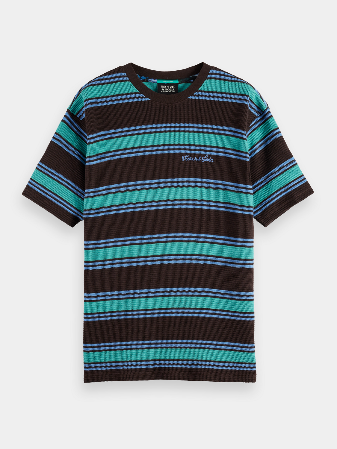 SCOTCH & SODA waffle short sleeve T-shirt in neutral color, casual fit, with textured waffle fabric and crew neckline.