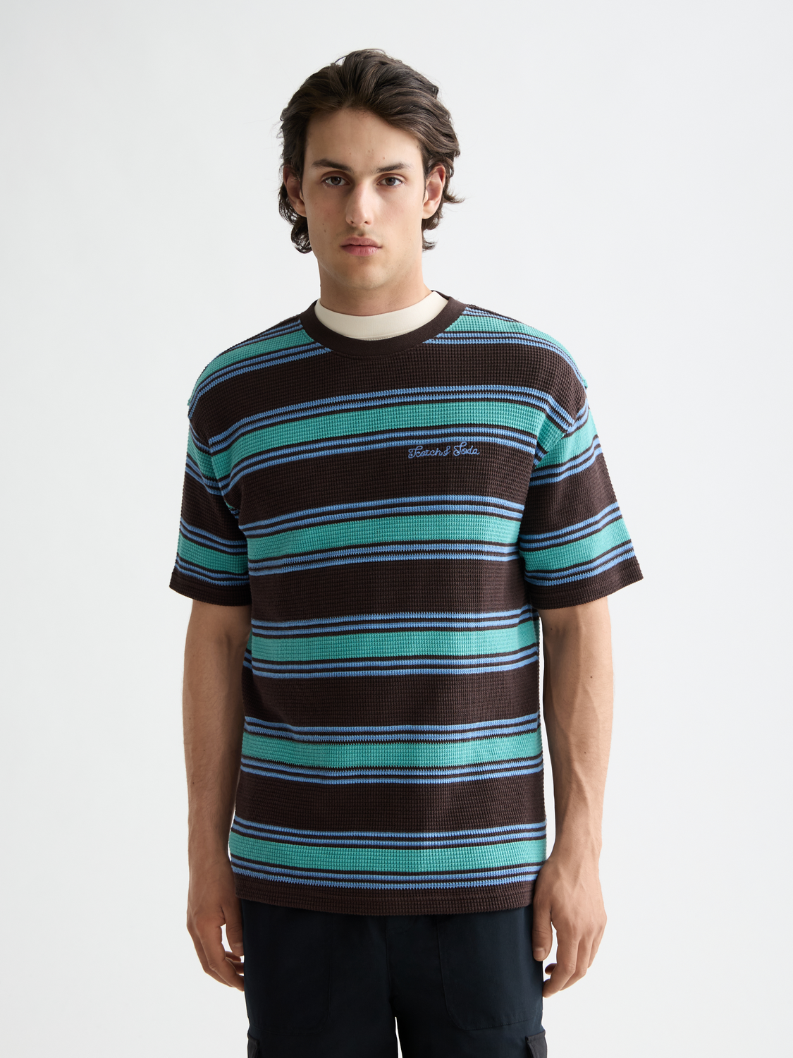 Waffle-knit Scotch & Soda short-sleeve t-shirt in cream color with a relaxed fit and classic crew neckline.
