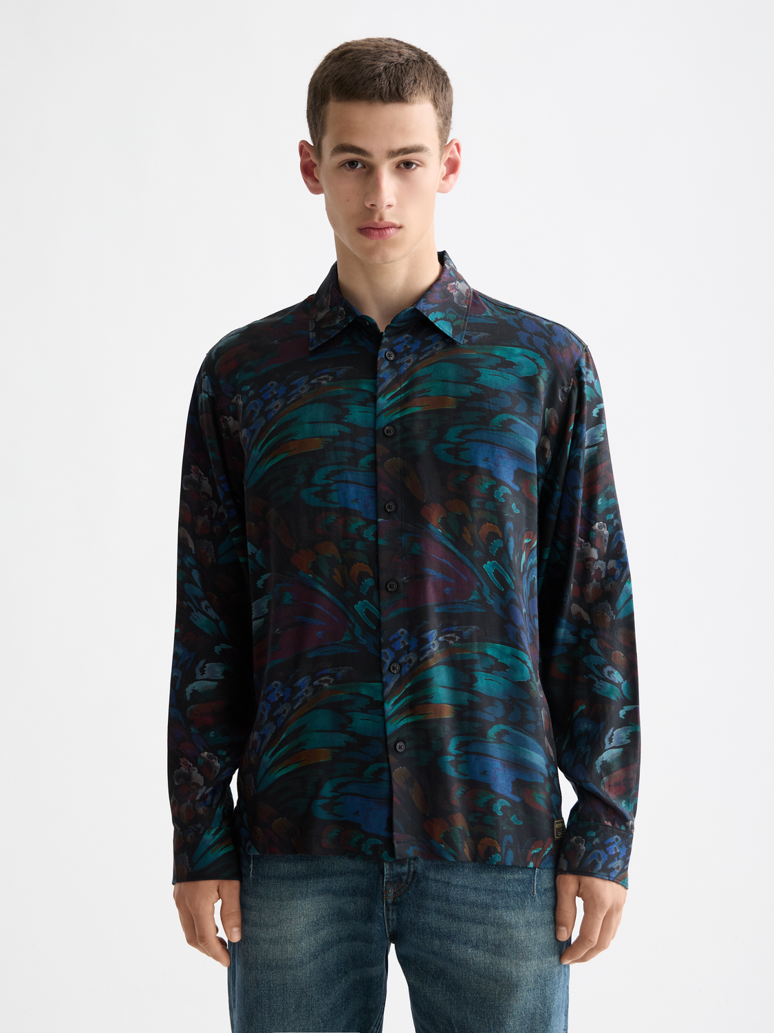 Long sleeve printed shirt by Scotch & Soda featuring a vibrant, artistic design on soft fabric.