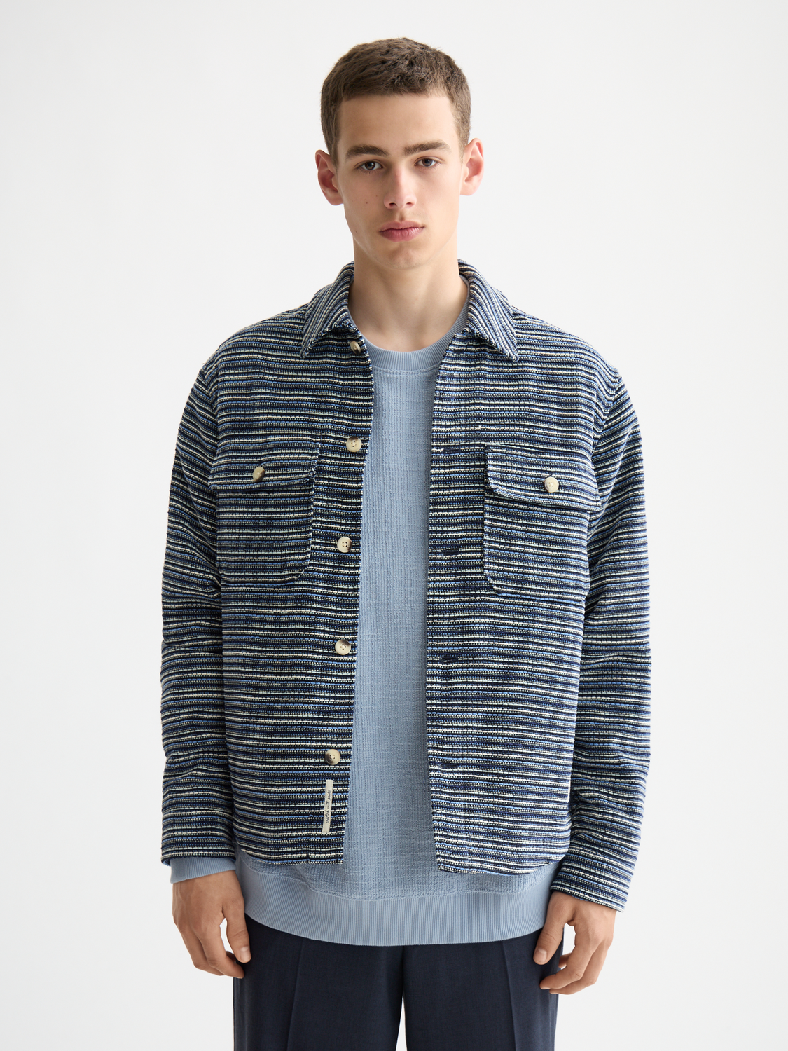 Structured striped overshirt jacket by Scotch & Soda, featuring a tailored fit with bold stripe pattern and button closure.