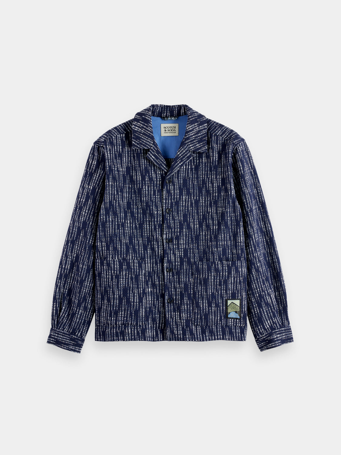 SCOTCH & SODA jacquard overshirt jacket with intricate woven patterns and button-up front, displayed on a neutral background.