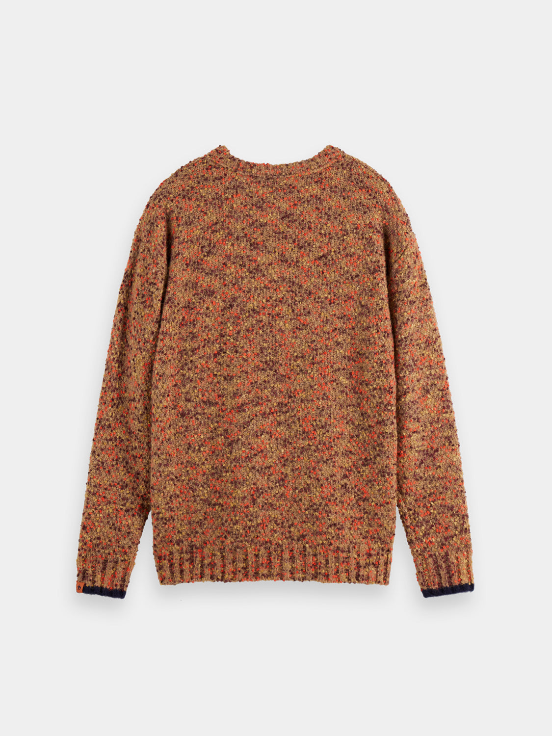 Dark blue Scotch & Soda chunky slub knit pullover with a relaxed fit and textured fabric, shown from the back.