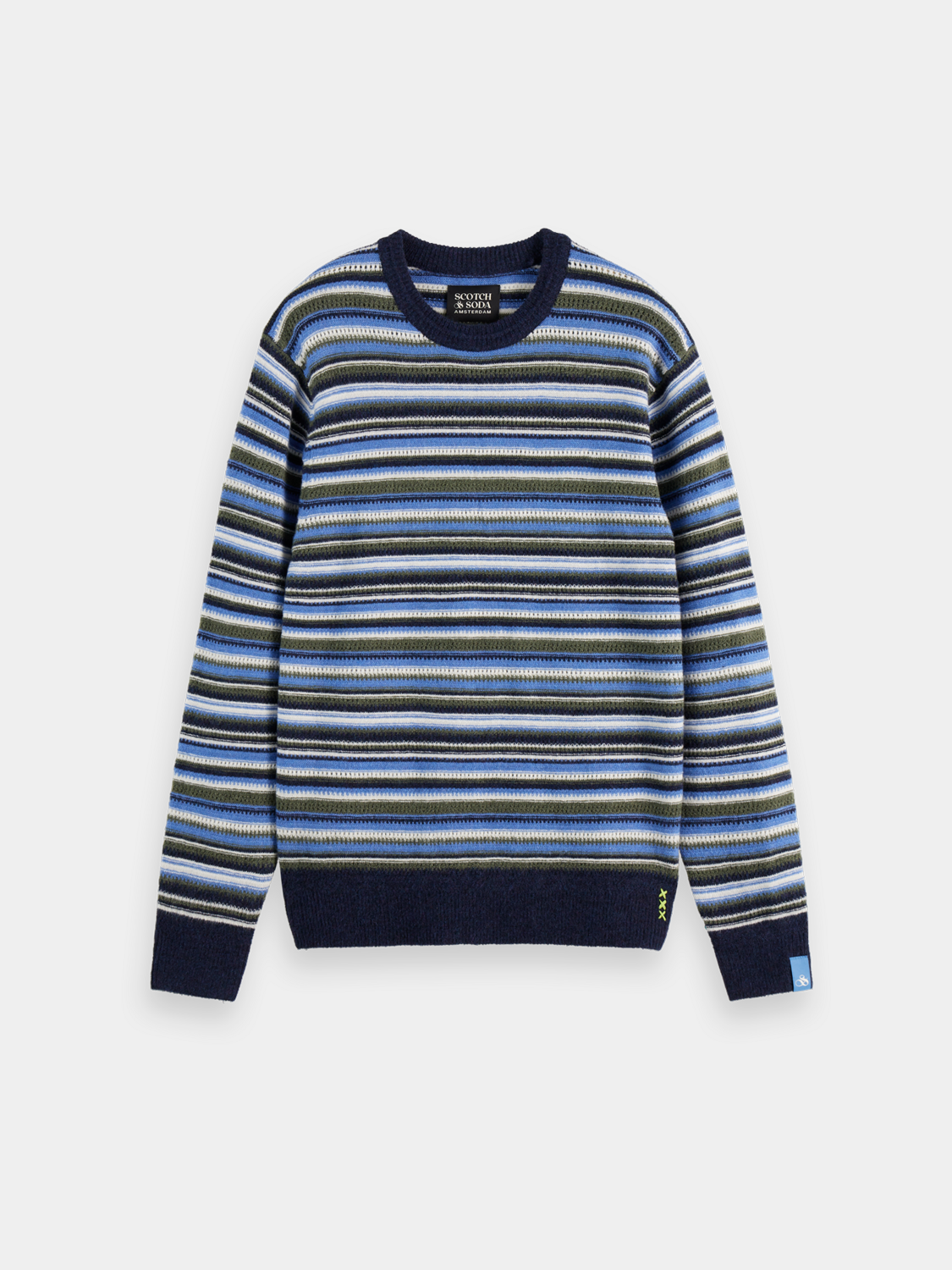 Striped Scotch & Soda knitwear pullover featuring a classic pattern and soft fabric, displayed on a neutral background.