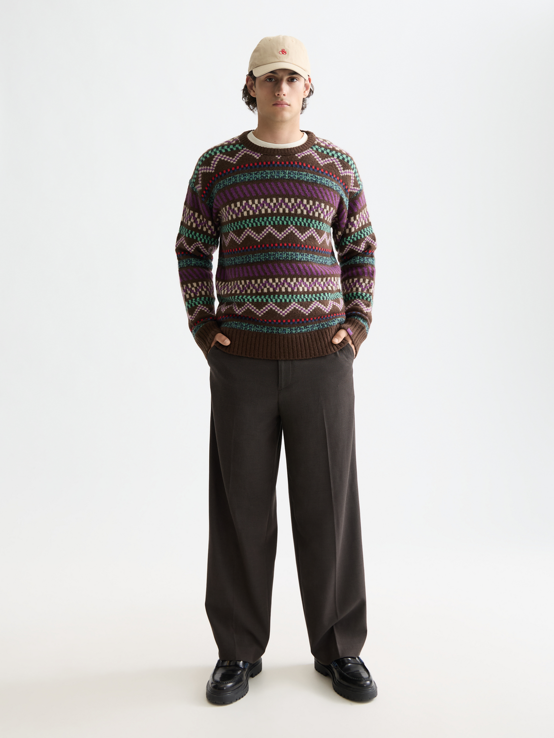 Scotch & Soda jacquard knitted pullover, stylish knitwear with intricate pattern, front view showing detailed fabric texture.