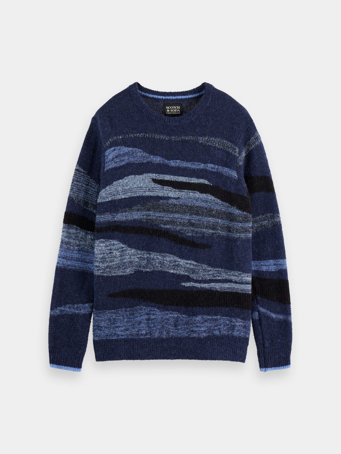 Scotch & Soda alpaca-wool-blend knit pullover in neutral tones, close-up of textured fabric and ribbed cuffs.