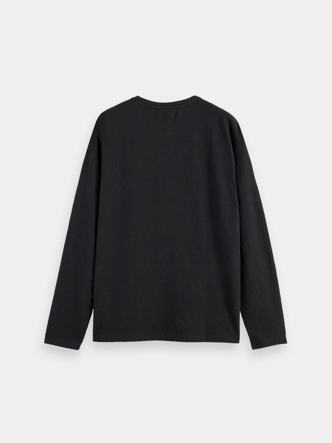 Scotch & Soda jacquard long-sleeved t-shirt with intricate woven pattern on dark background, casual style, back view.