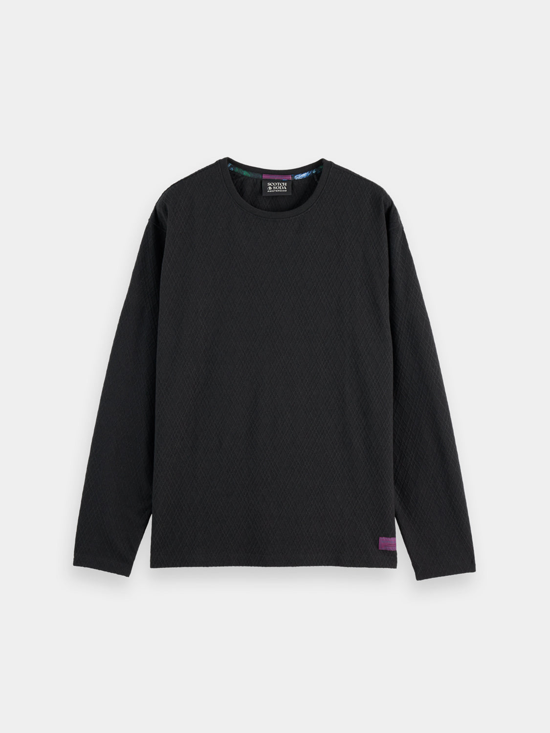 Jacquard long-sleeved Scotch & Soda T-shirt with detailed woven pattern and classic fit, displayed on a plain background.