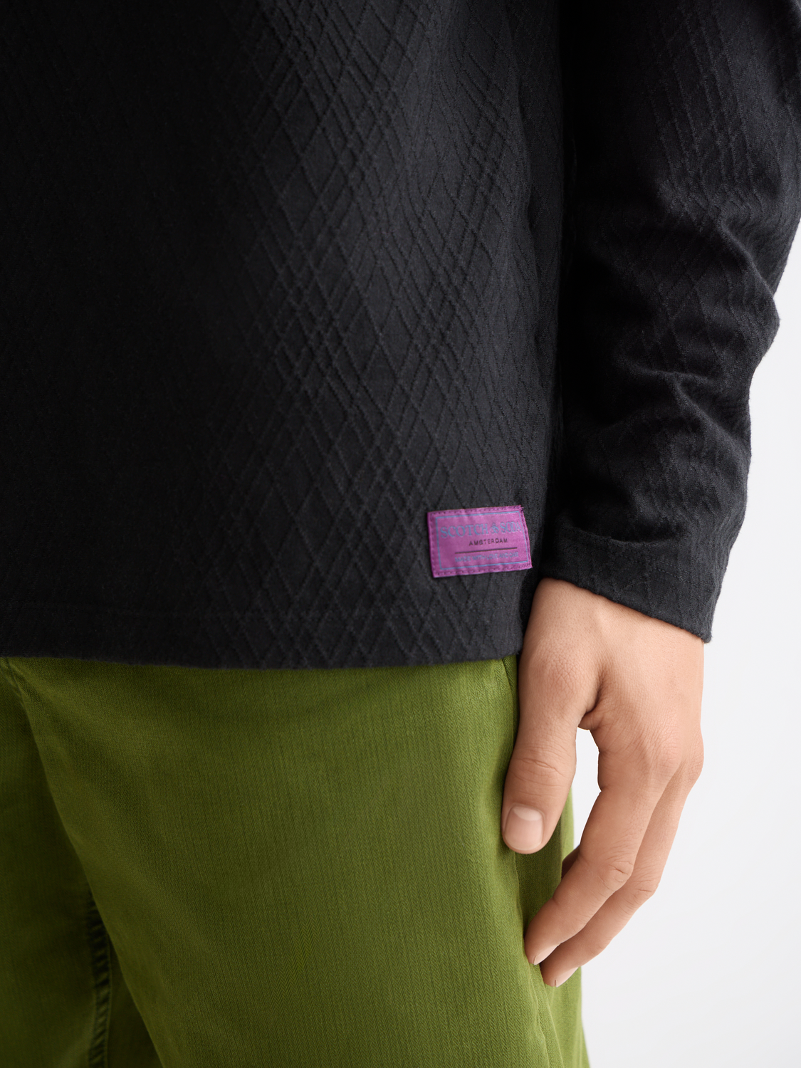 SCOTCH & SODA jacquard long-sleeved T-shirt featuring intricate pattern, casual fit, and soft fabric.