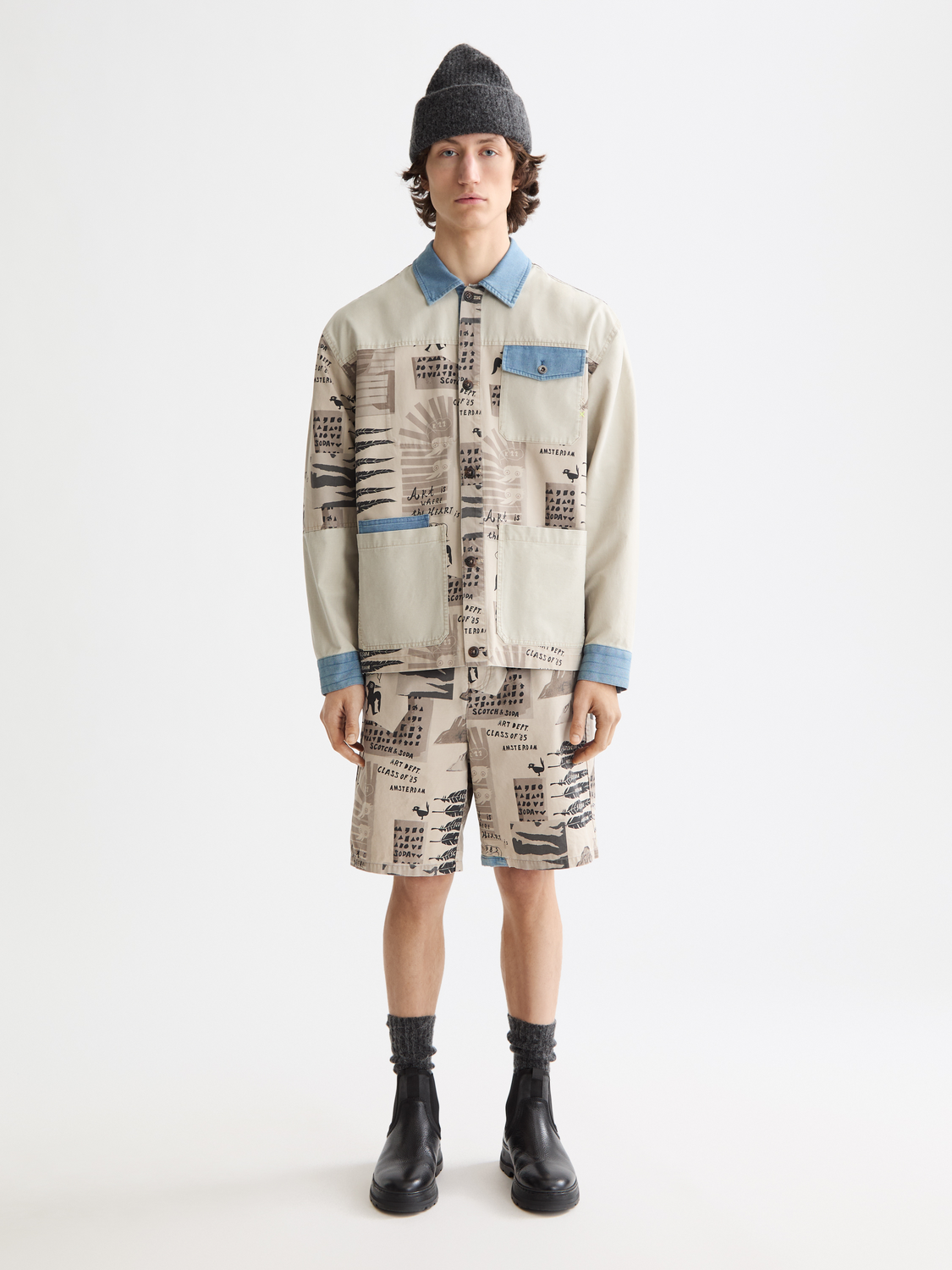 Printed worker jacket from Scotch & Soda featuring a stylish design, front view with detailed print and durable fabric.