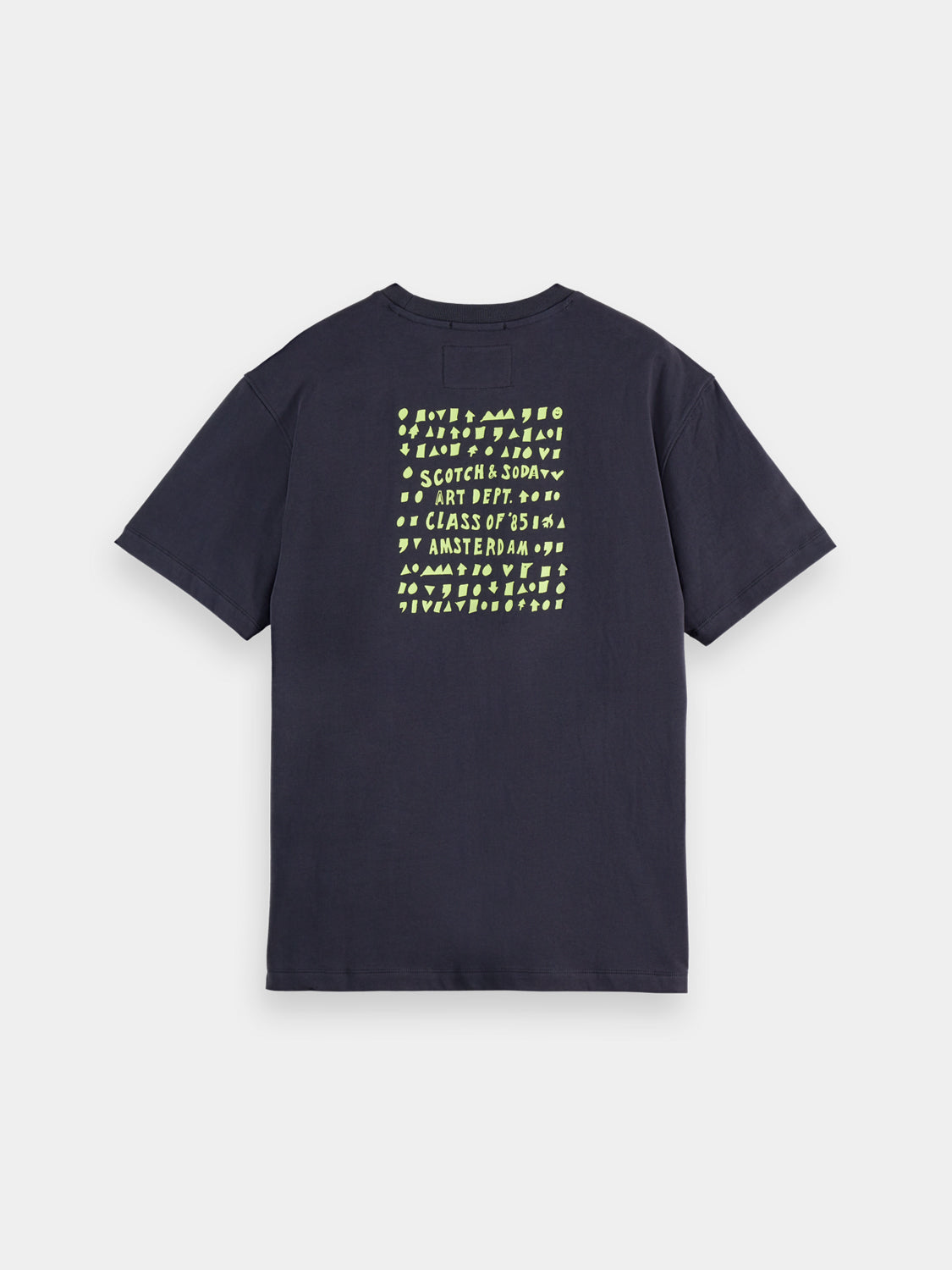 Black short-sleeve Scotch & Soda artwork t-shirt with colorful graphic design on front.