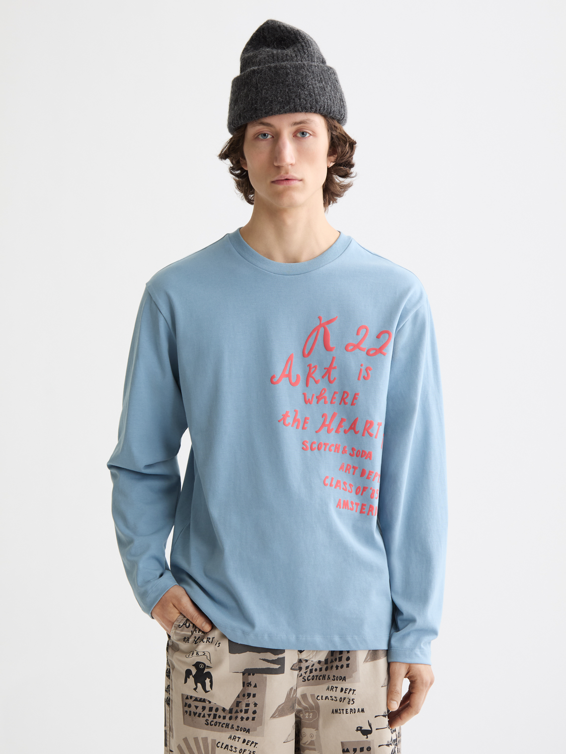 Long-sleeved Scotch & Soda artwork T-shirt with printed graphic design on the front.