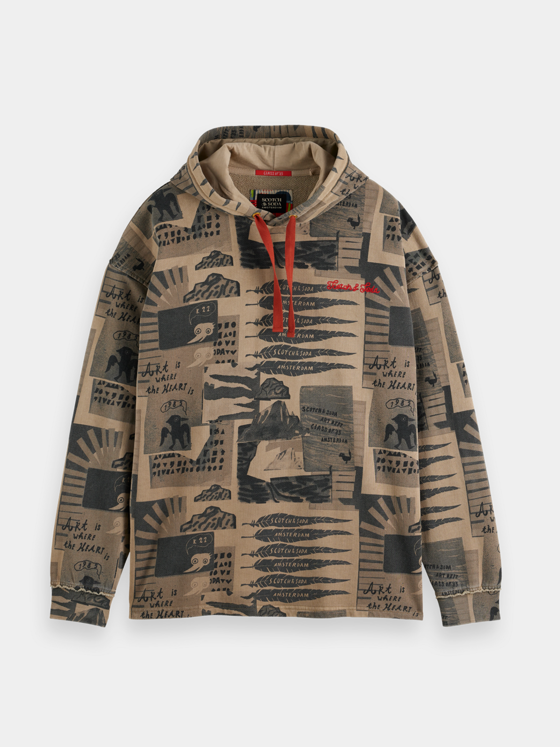 Printed hoodie from Scotch & Soda, casual sweat with colorful graphic design, front view showing the detailed print and fabric texture.
