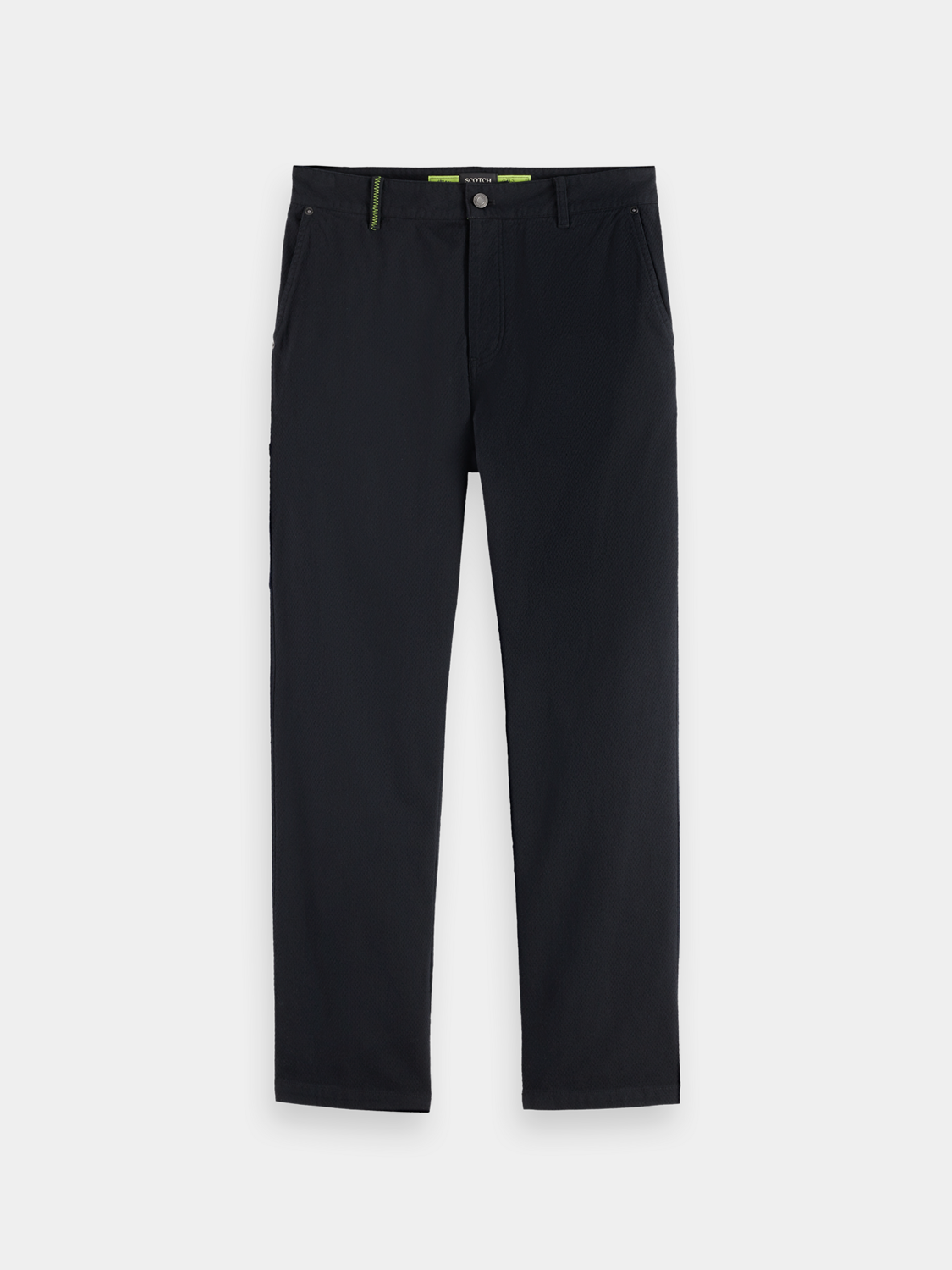 SCOTCH & SODA Verve straight-fit pants in neutral fabric, displayed flat with zipper and belt loops.