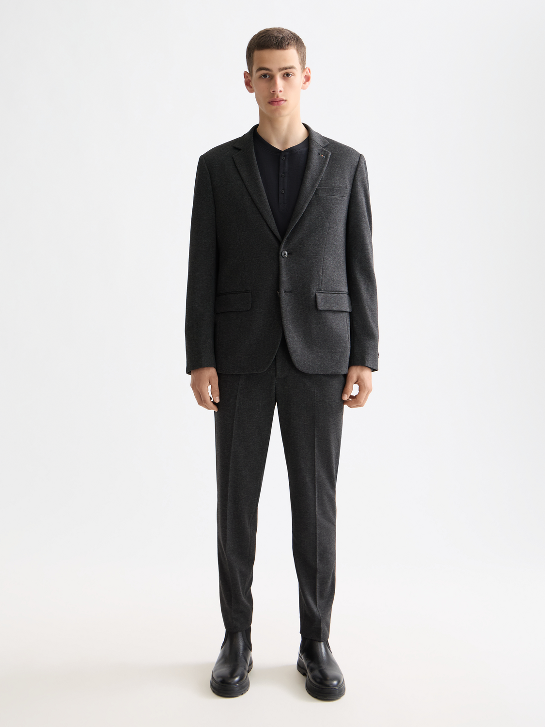 SCOTCH & SODA tailored jersey blazer, front view showing slim fit design and classic lapel in neutral color.