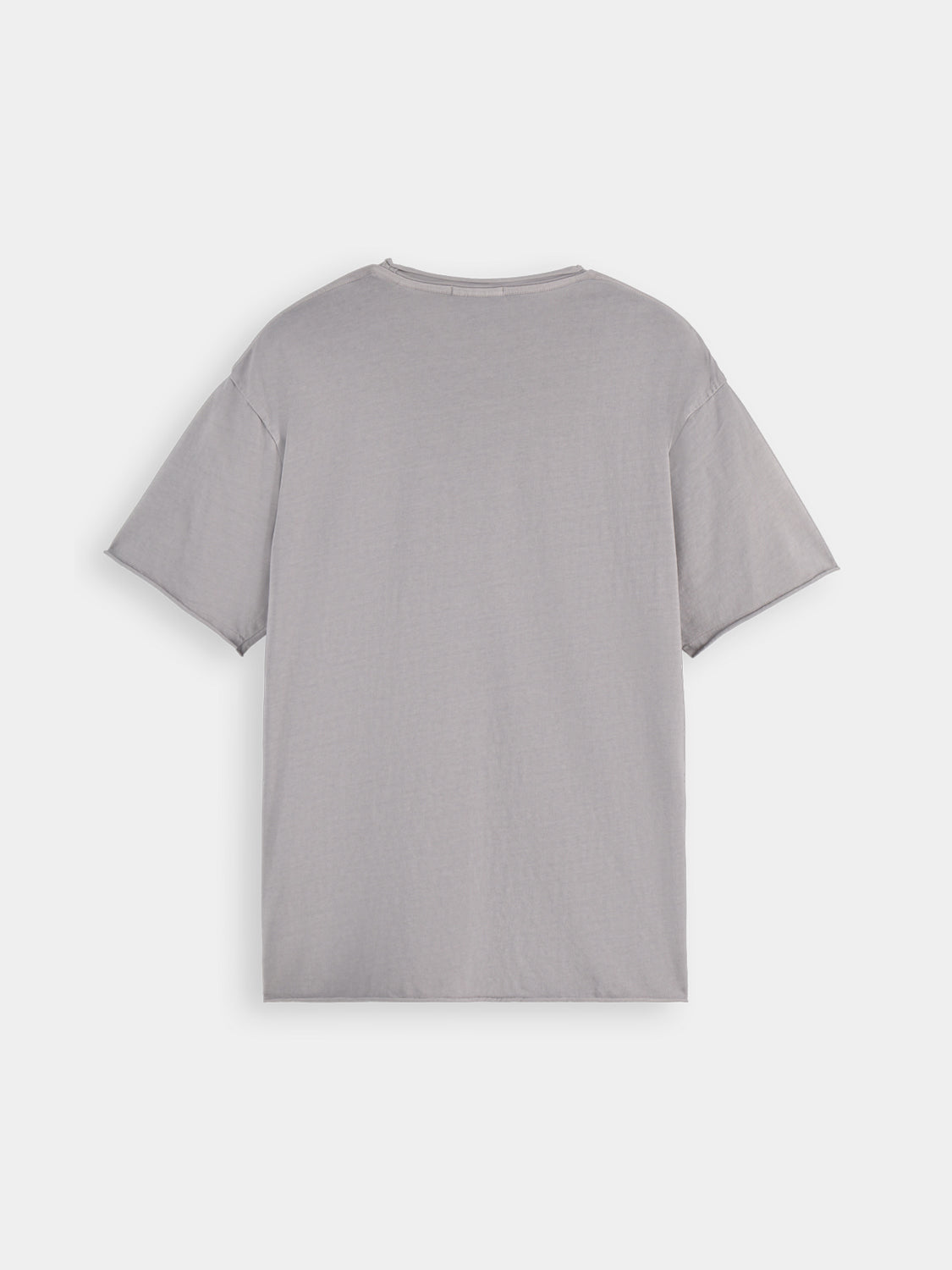 Black raw edge short sleeve t-shirt by Scotch & Soda, casual fit with distressed hem detail, displayed on a hanger.