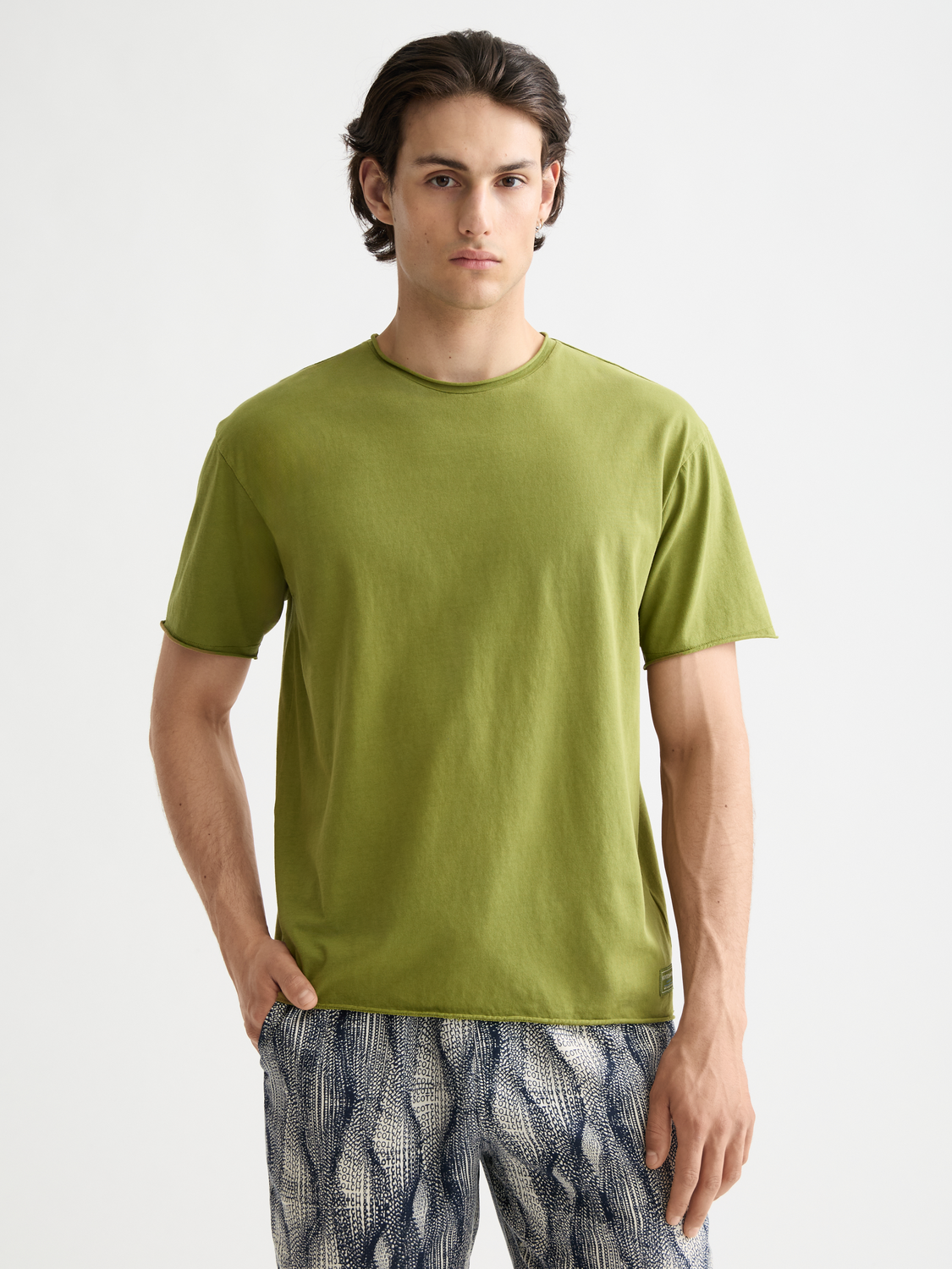 Scarlet red Scotch & Soda raw edge short sleeve t-shirt with a casual fit and distressed hem detail.
