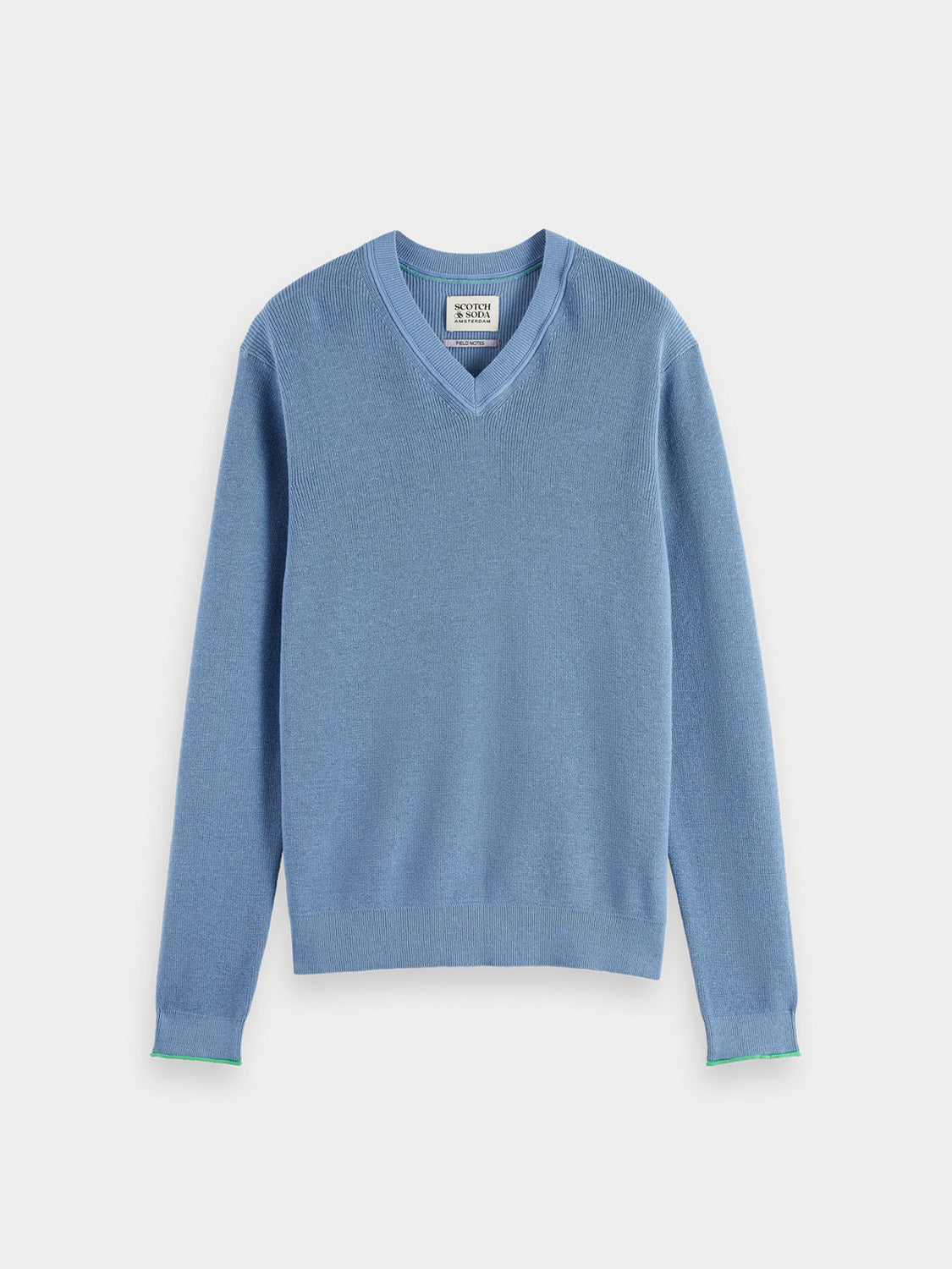 SCOTCH & SODA V-neck pullover knitwear, close-up showing soft fabric and classic V-neck design.