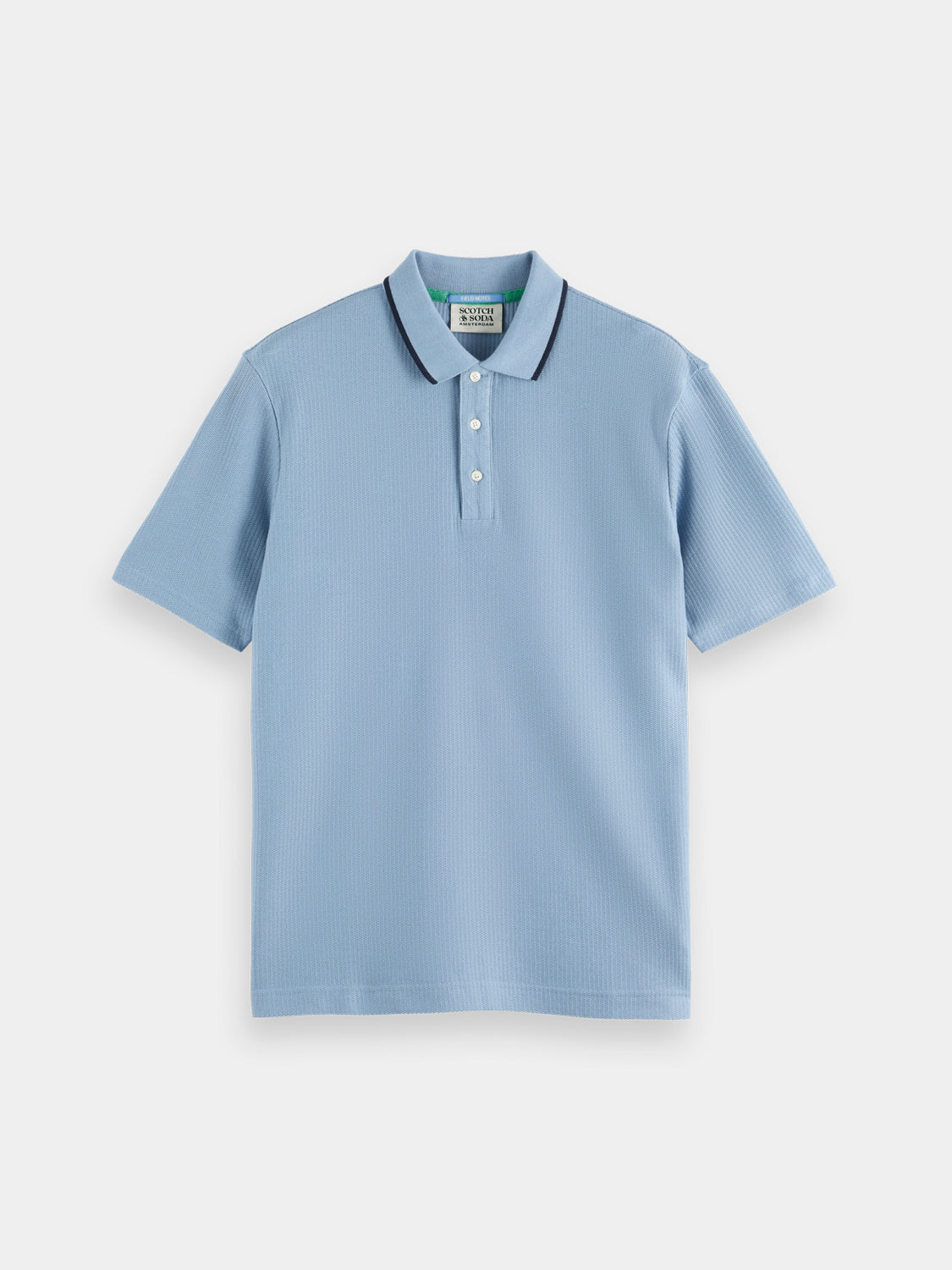 Structured SCOTCH & SODA polo shirt with a classic fit, featuring a collar and short sleeves, displayed on a hanger.