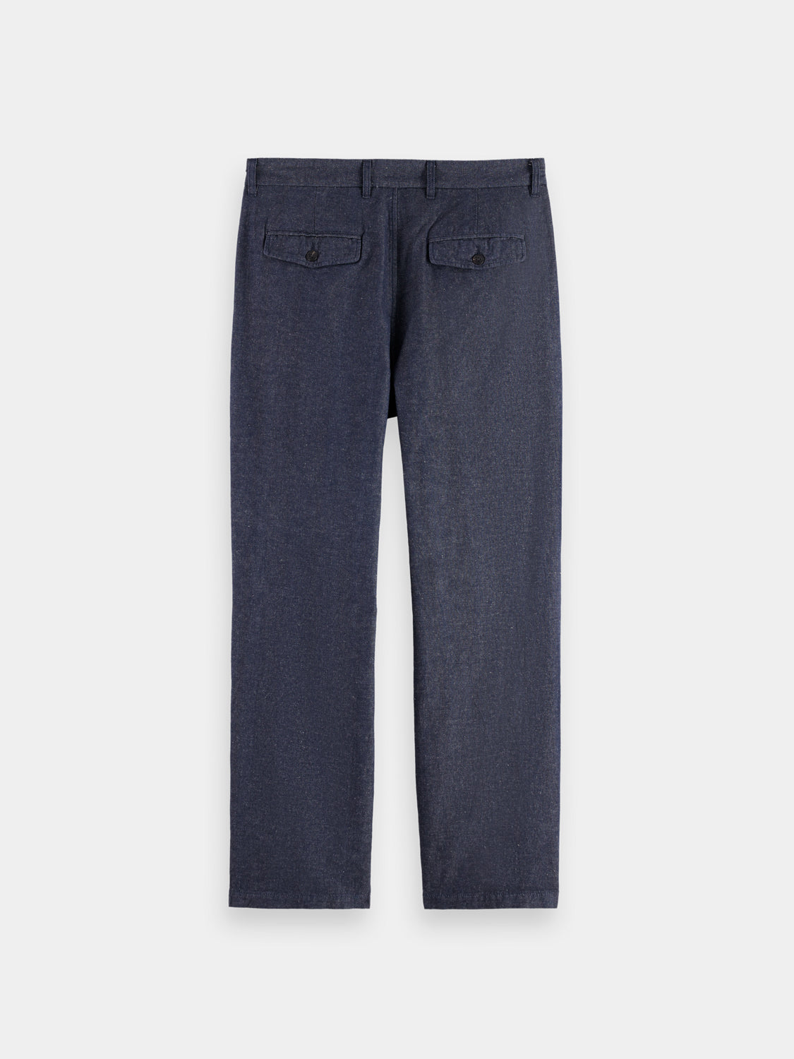 Dark blue Scotch & SODA Otis straight-fit chinos pants laid flat showing front view with belt loops and classic design.