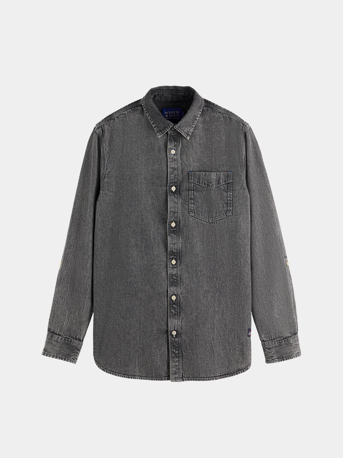 Long-sleeve washed shirt by Scotch & Soda with a casual fit and soft fabric, shown in a neutral color in the image.