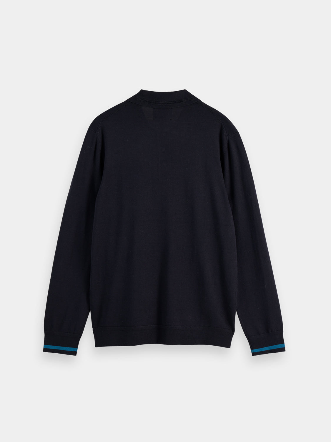 Black knitted long-sleeved polo shirt by Scotch & Soda, featuring a classic collar and textured fabric.