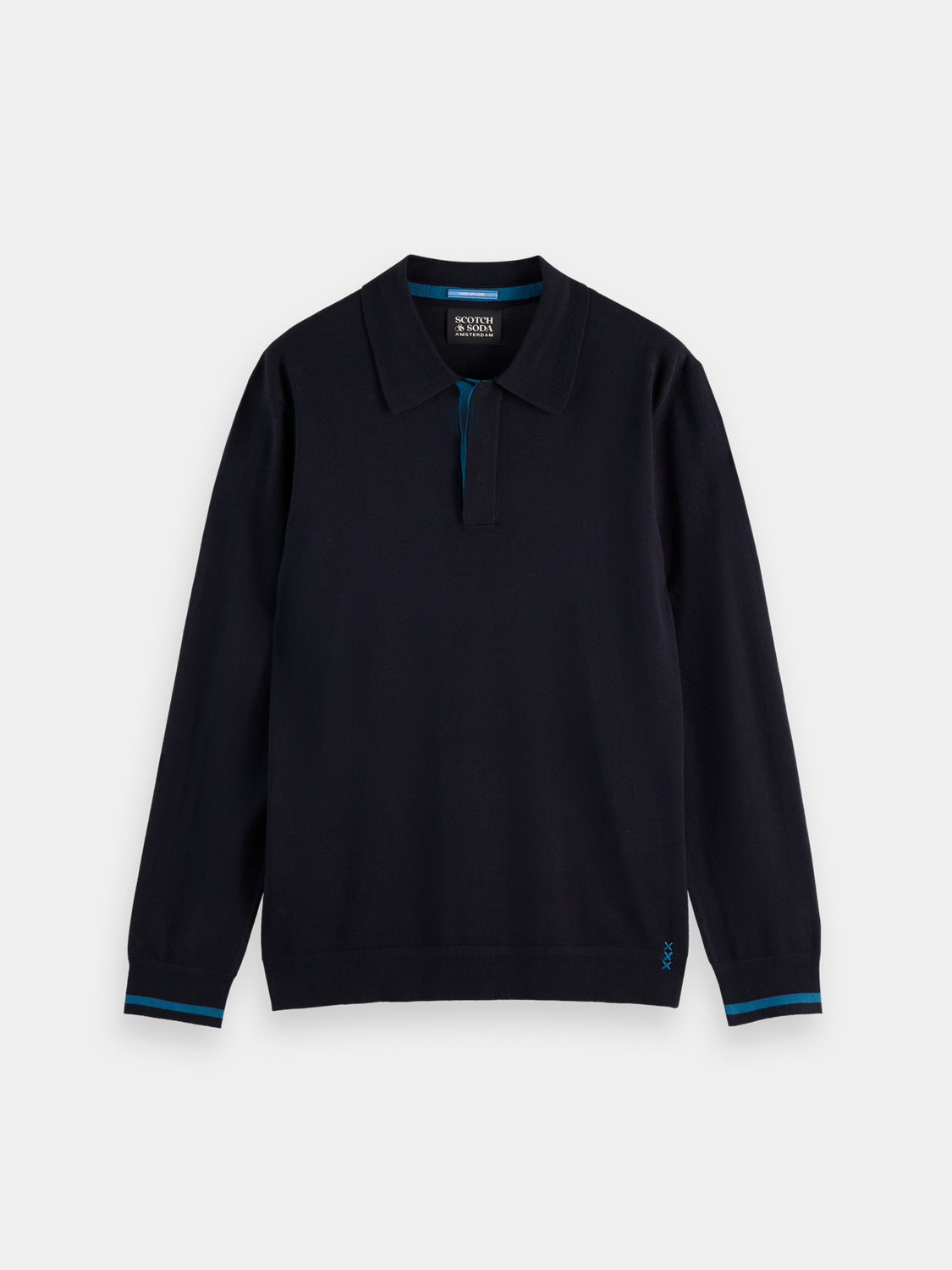 Knitted long-sleeved polo shirt by Scotch & Soda featuring a classic collar and textured knit fabric.