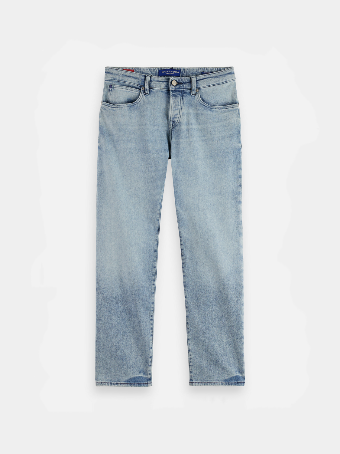 SCOTCH & SODA Zee straight-fit denim jeans with classic blue wash and five-pocket style, displayed flat on a white background.