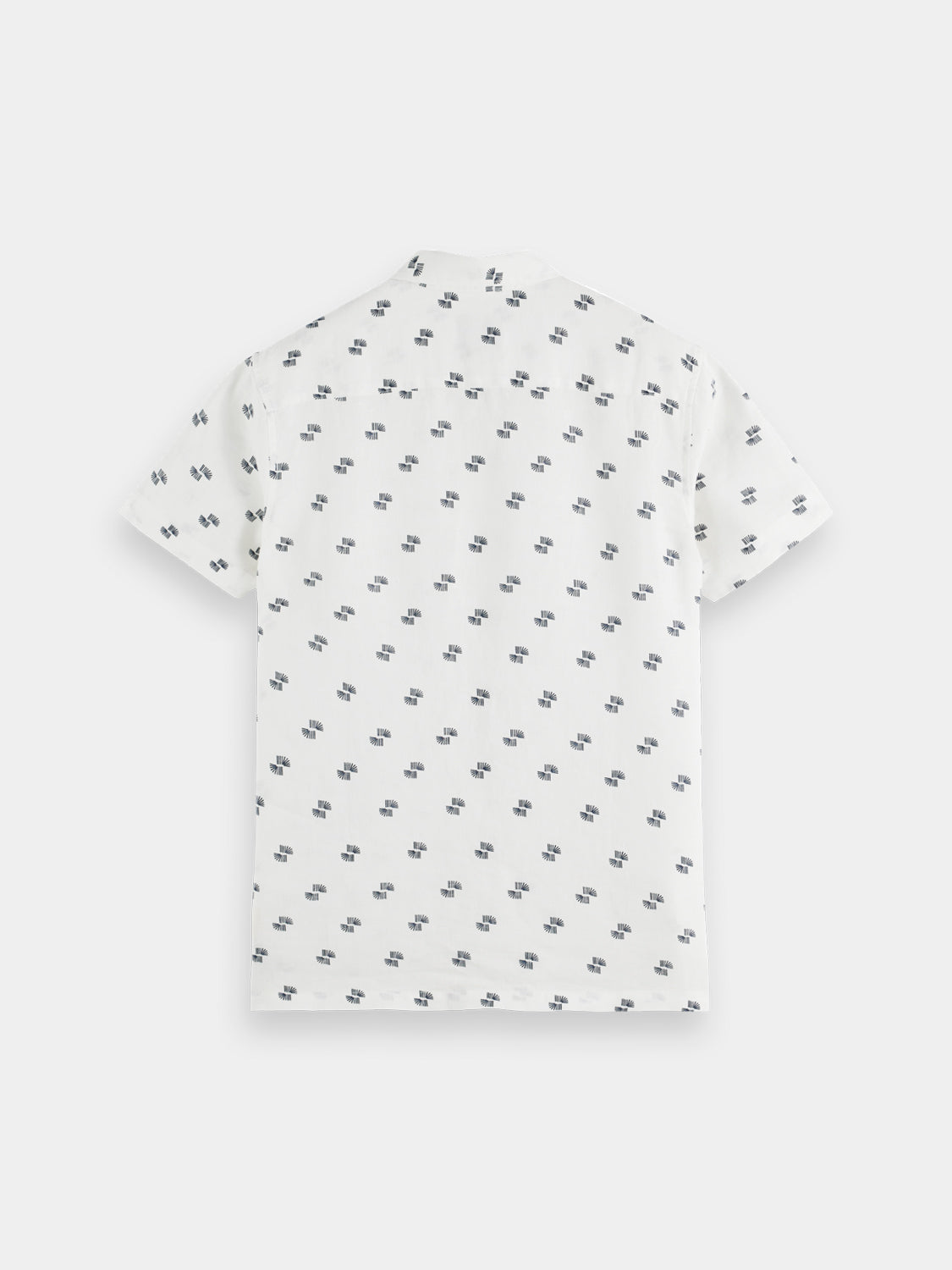 Printed Scotch & Soda short-sleeve shirt with vibrant pattern, casual fit, and button-up front, shown in a close-up view.