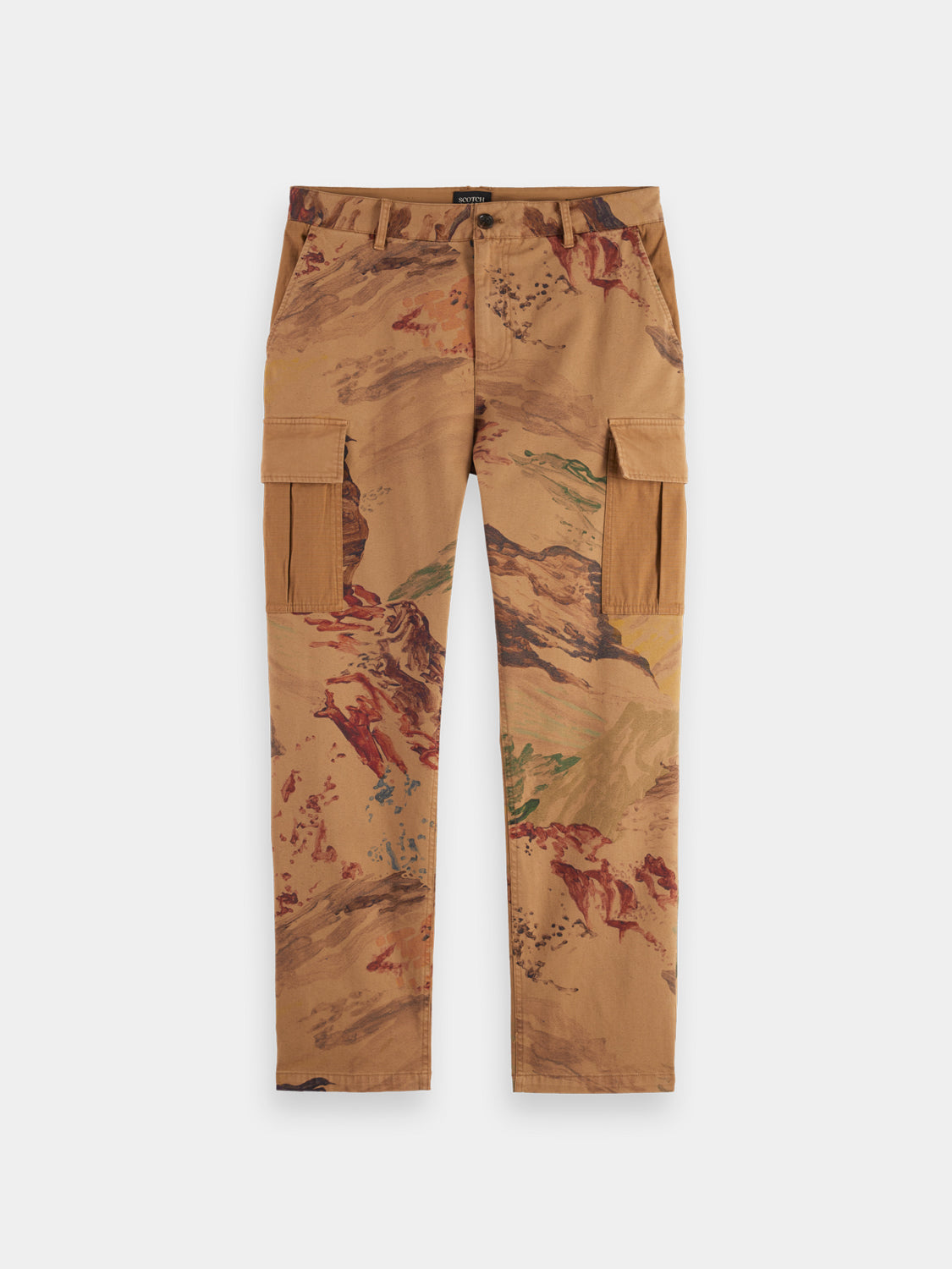 SCOTCH & SODA Harper cargo pants in olive green with multiple pockets and relaxed fit, displayed on a hanger.