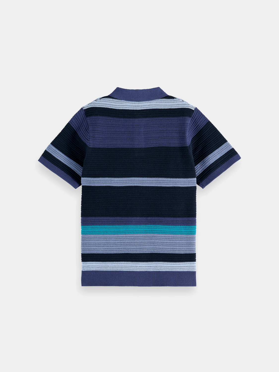 Kids' striped knitted polo shirt by Scotch & Soda, featuring colorful horizontal stripes and a classic collar.