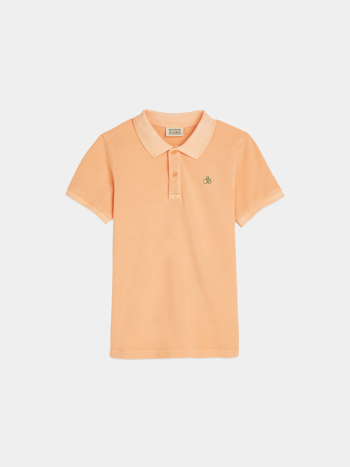 Kids' garment-dyed pique polo shirt by Scotch & Soda, featuring a classic collar and short sleeves.