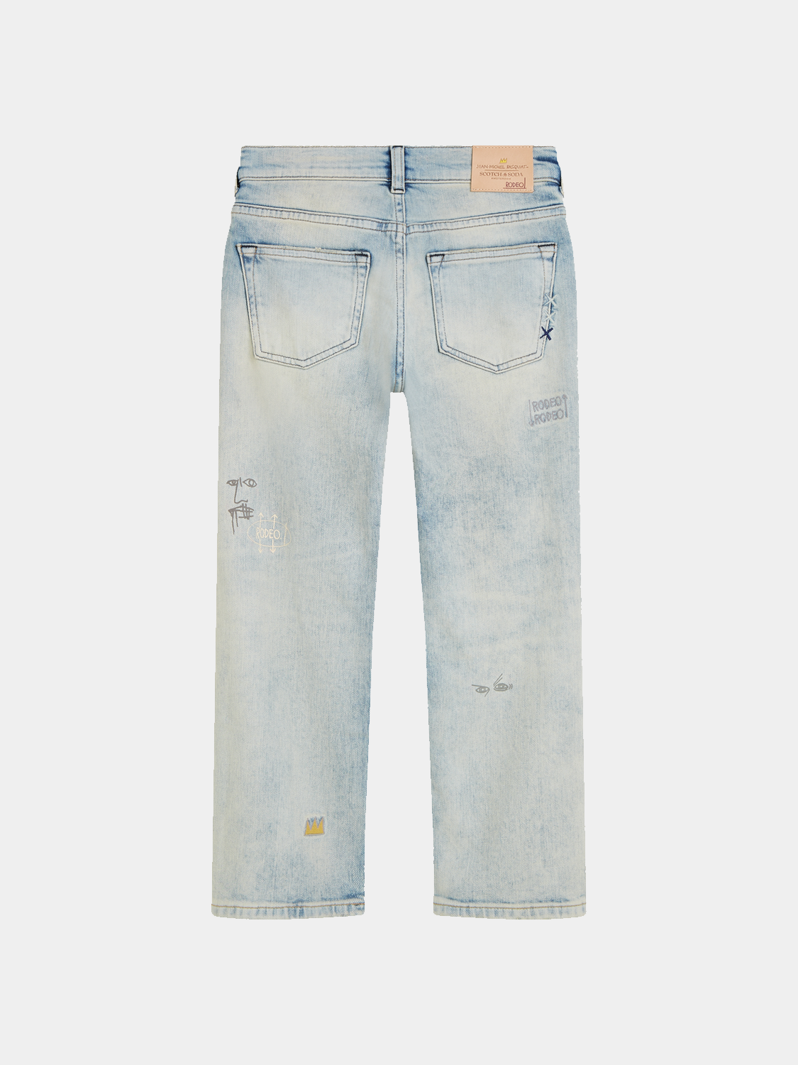 Kids' loose-fit denim jeans by Scotch & Soda featuring Basquiat artwork, with a relaxed style and classic five-pocket design.