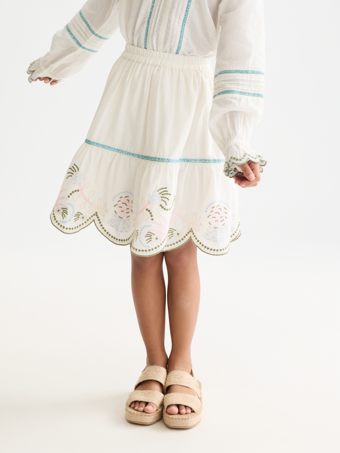 Kids embroidered skirt by Scotch & Soda with colorful floral embroidery and a twirl-worthy design.