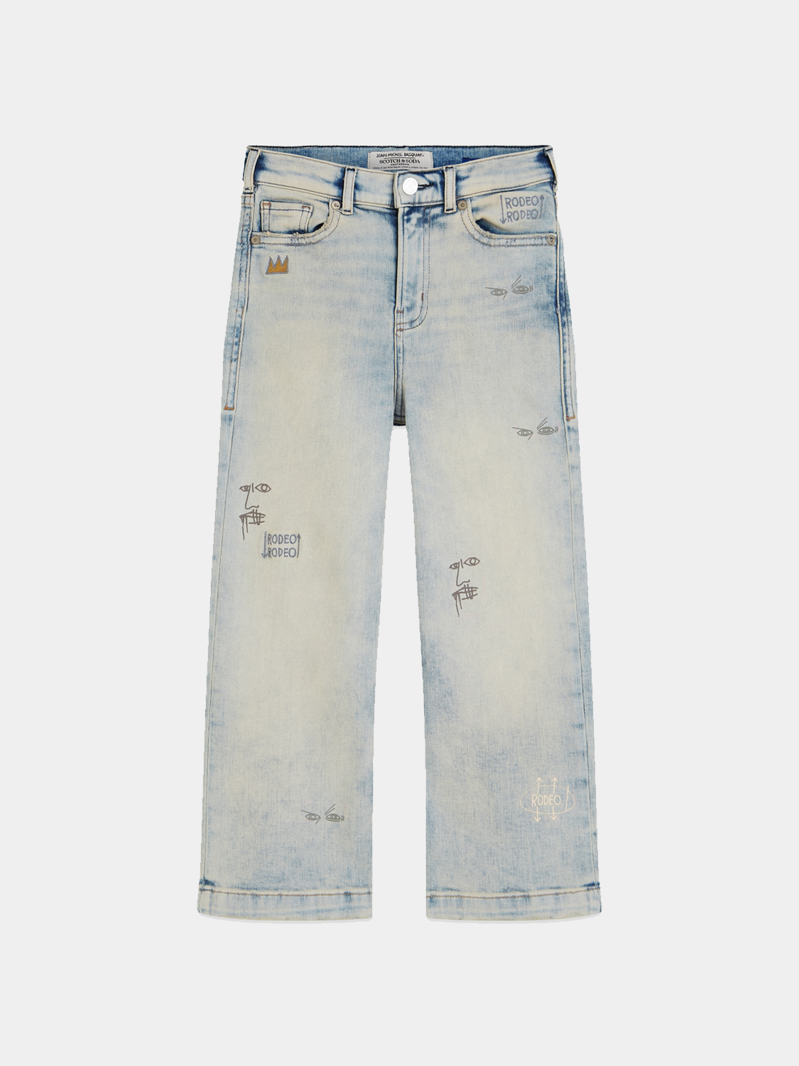 Kids' loose-fit denim jeans by Scotch & Soda featuring S&S x Basquiat artwork, shown in a front view.