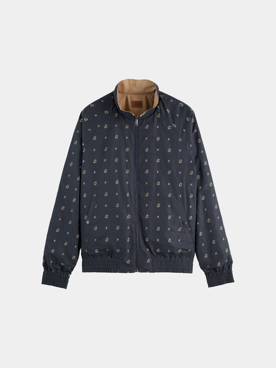 Reversible jacket by Scotch & Soda showing both solid and patterned sides, casual style, front view, lightweight and versatile.