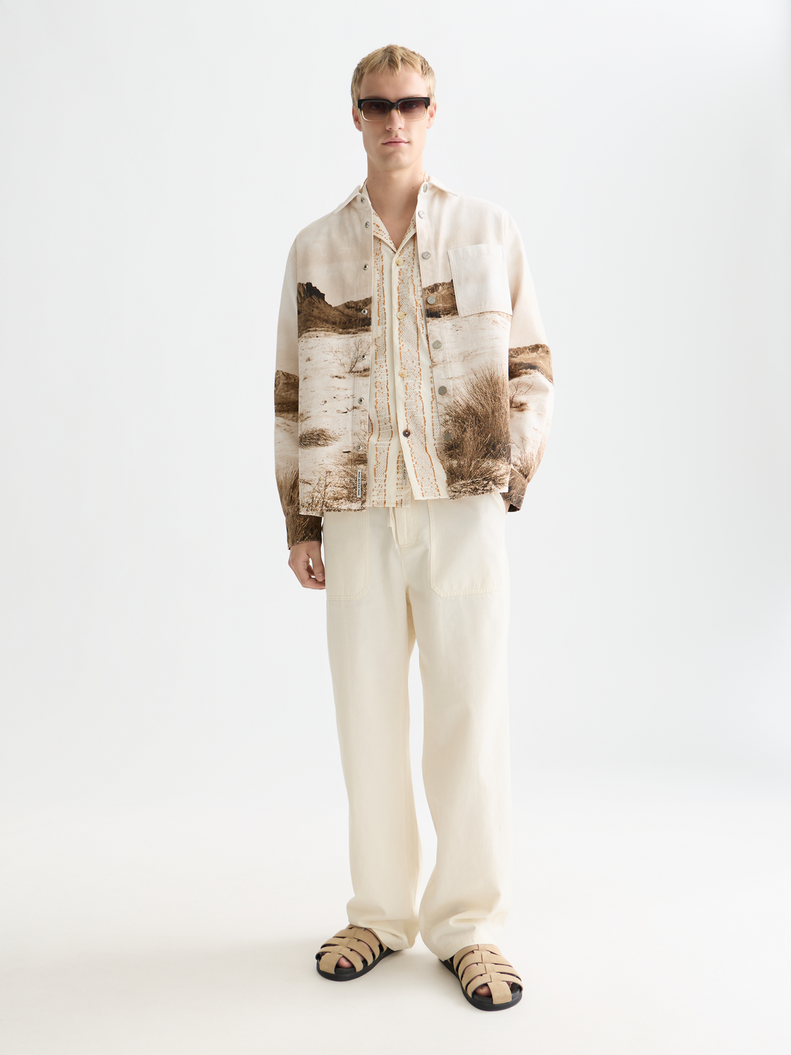 Scotch & Soda scenery print overshirt jacket featuring a detailed landscape design, casual fit, and button closure.