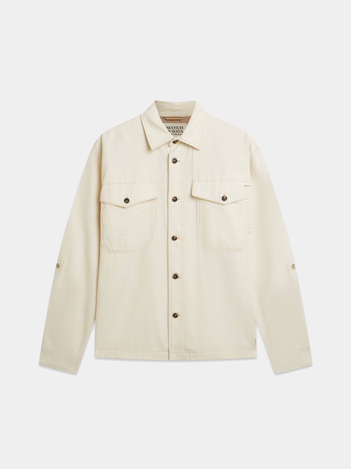 Light beige cotton-linen overshirt jacket by Scotch & Soda showing button-up front and collar detail.
