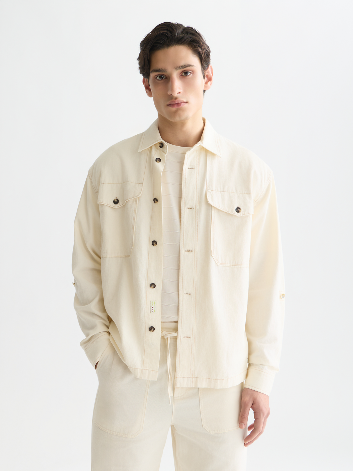 Light beige cotton-linen overshirt jacket from Scotch & Soda with a relaxed fit and button-front design.