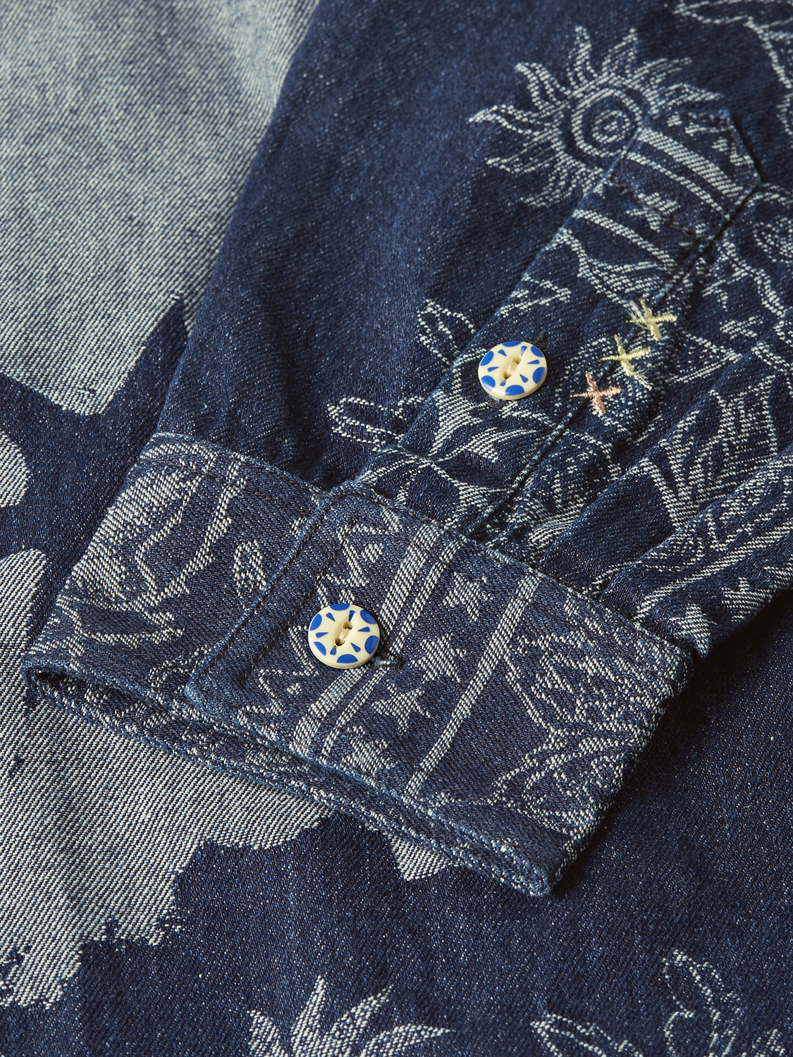 Denim jacquard overshirt by Scotch & Soda featuring intricate woven pattern and button-front closure.