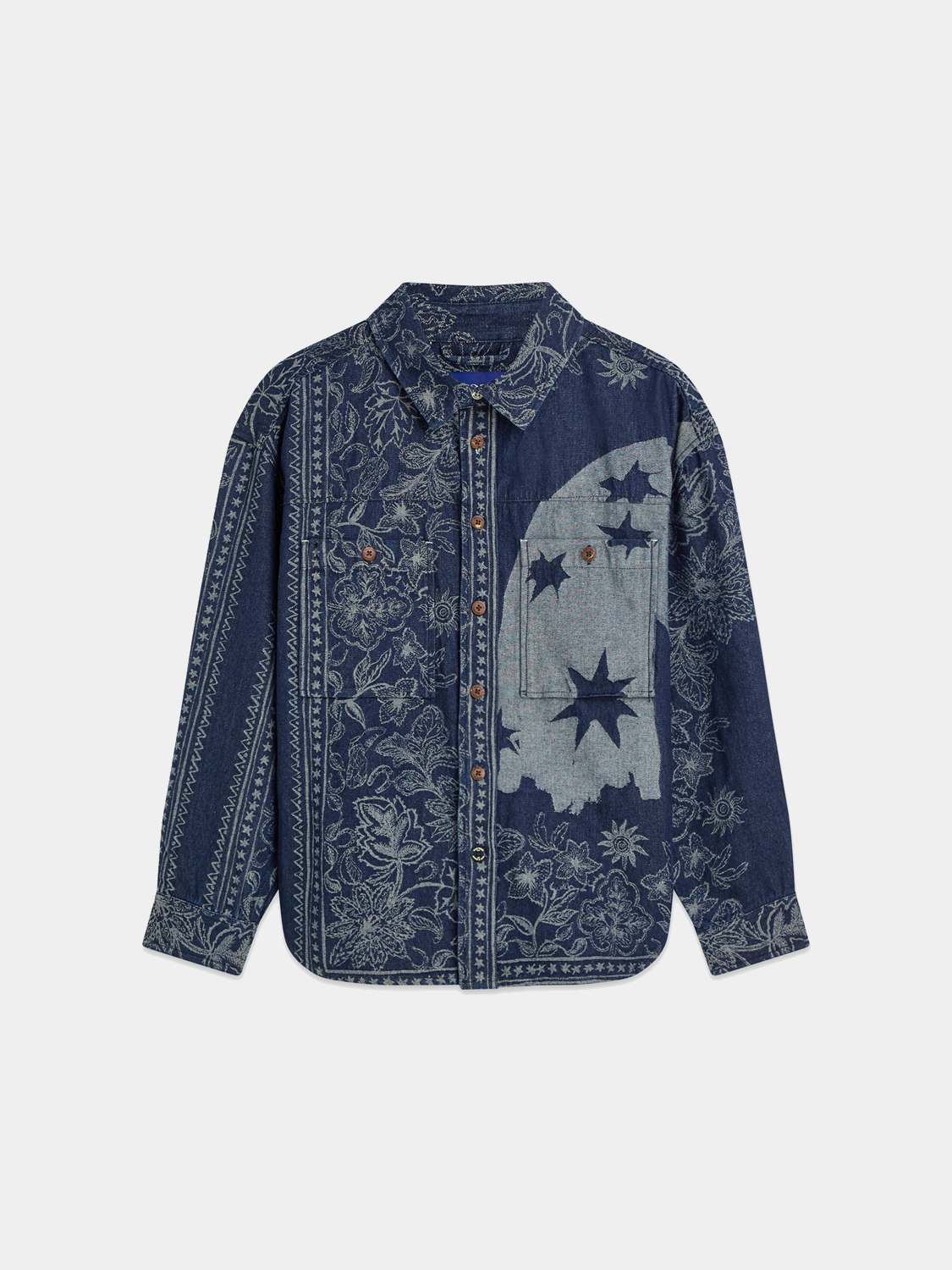 Scotch & Soda denim jacquard overshirt displayed on a hanger, featuring intricate woven pattern and classic jacket style.