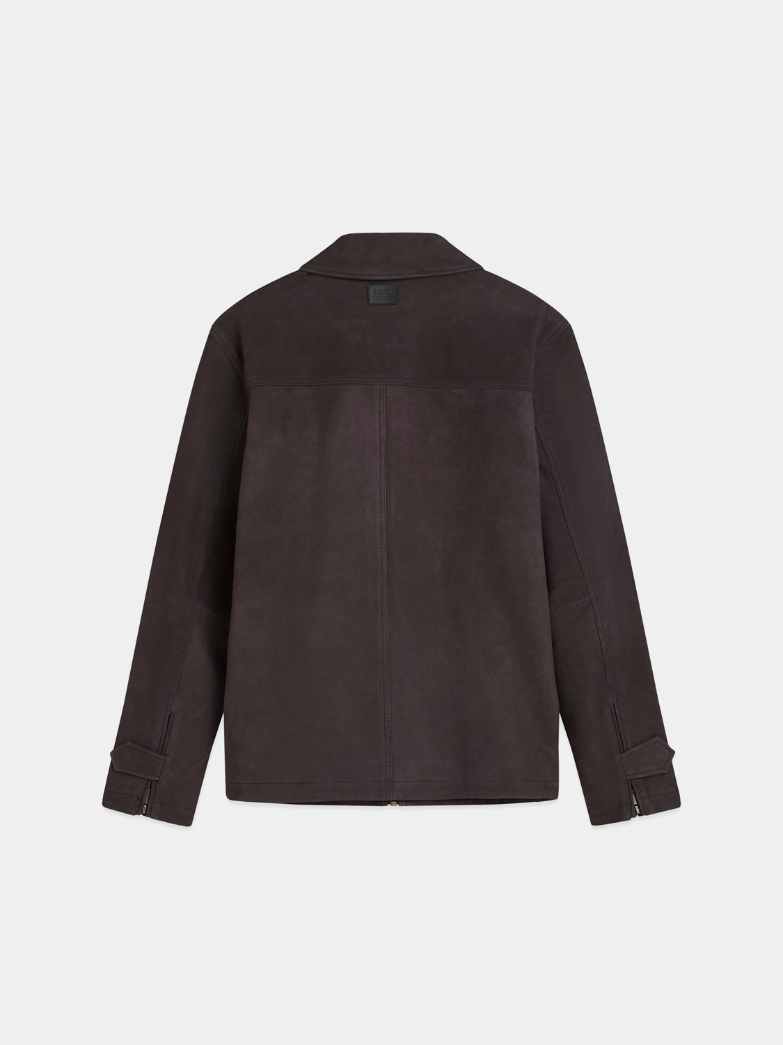 SCOTCH & SODA suede leather jacket hanging on a hanger, showcasing its classic design and rich texture.