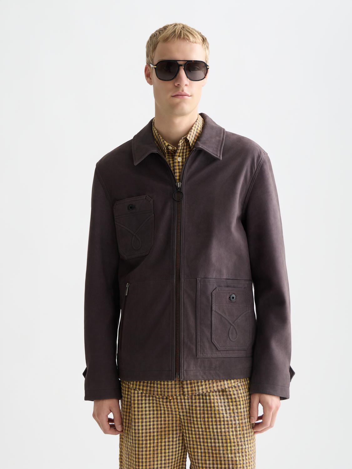Scotch & Soda suede leather jacket displayed from the front, featuring a classic fit and detailed stitching on soft brown leather.