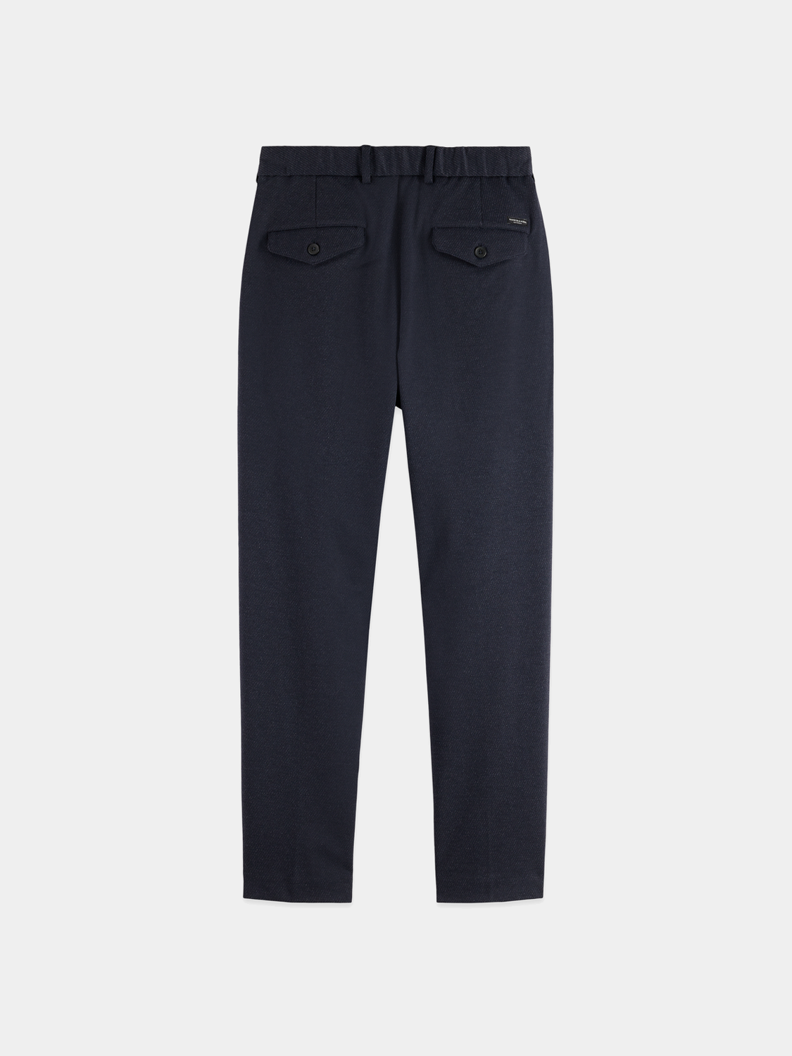 Black Finch tapered-fit pants by Scotch & Soda, showing the slim style and tailored fit with front and back view.