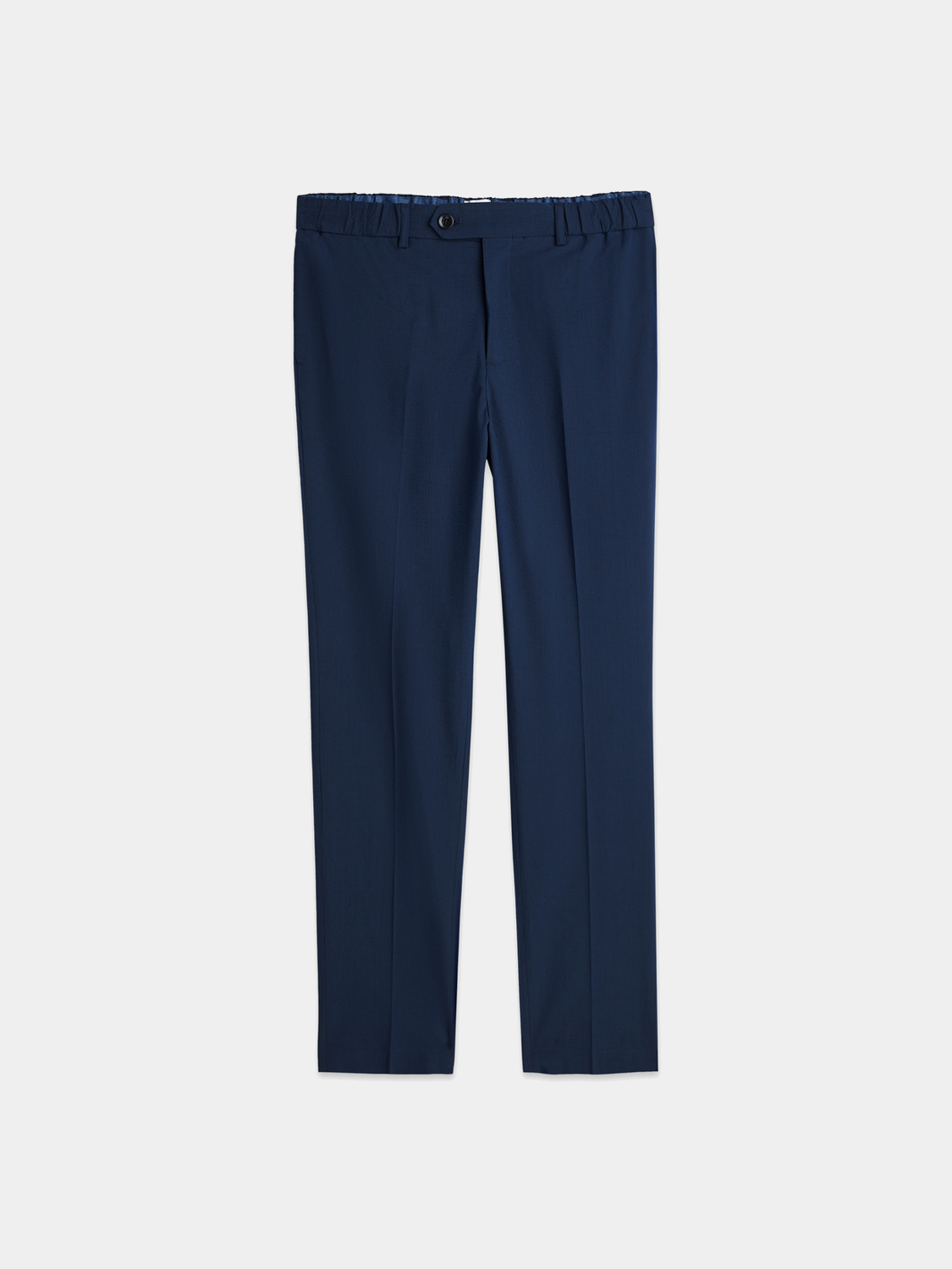 Scotch & Soda Warren seersucker joggers with a relaxed fit, featuring a blue and white striped pattern and elastic waistband.