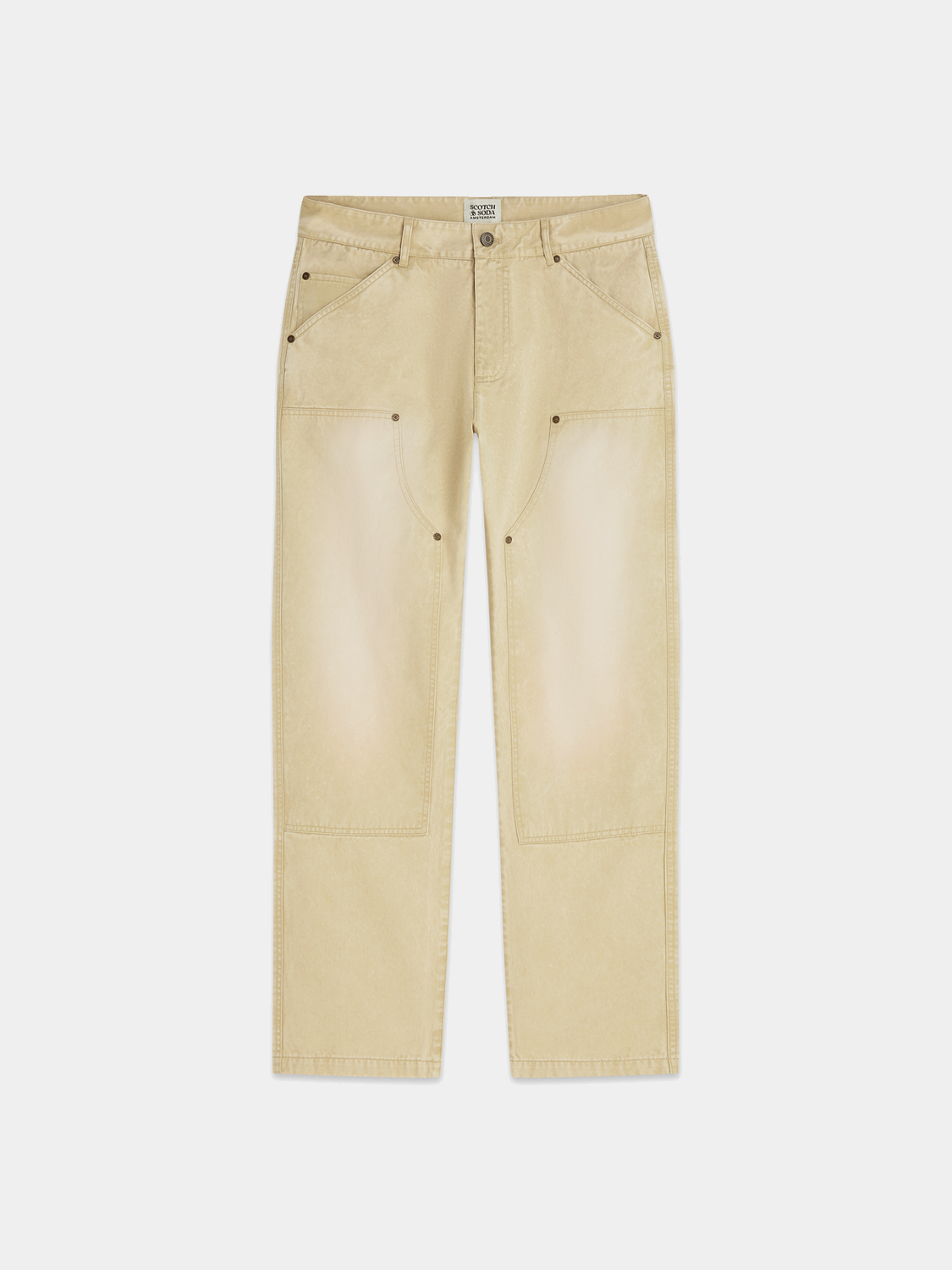 SCOTCH & SODA Zee straight-fit pants in neutral fabric, shown lying flat with waistband and pockets visible.