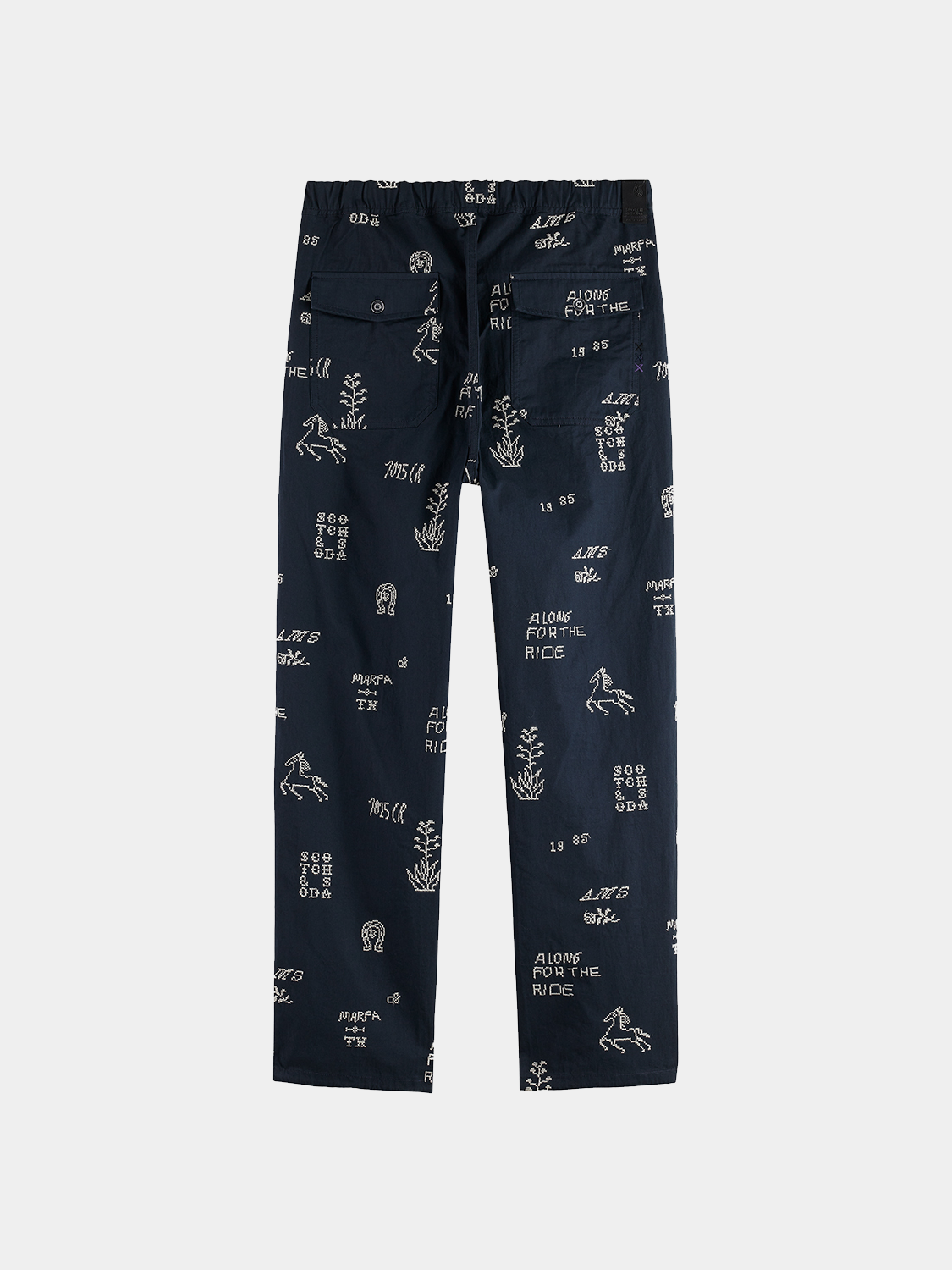 Dark embroidered Scotch & Soda chinos pants with detailed stitching, front pockets, and a tailored fit.