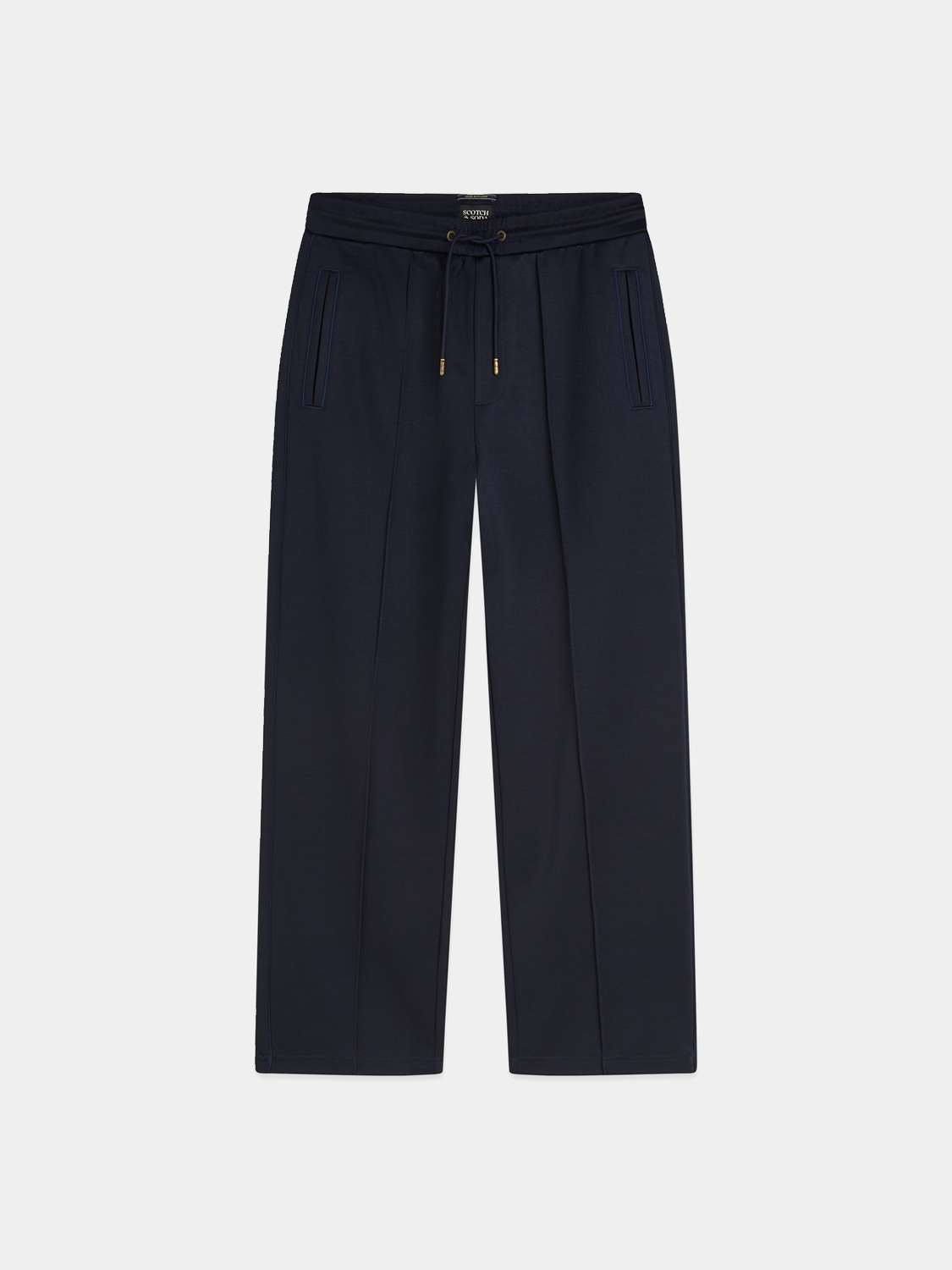 Scotch & Soda interlock trackpant sweatpants in black with elastic waistband and side pockets, casual athletic style.