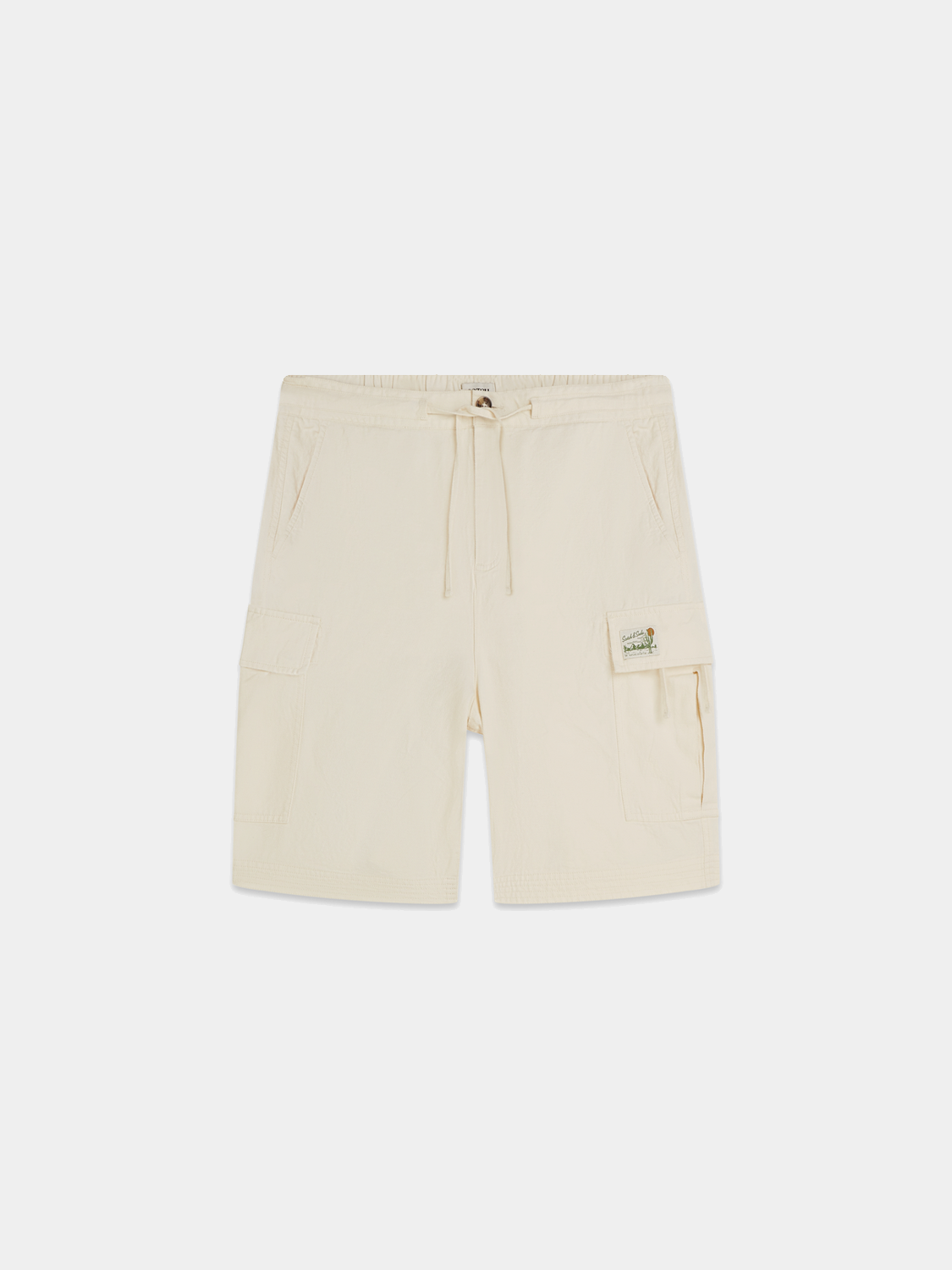 Light beige Scotch & Soda cargo linen shorts with multiple pockets, relaxed fit, and casual style, perfect for warm weather.