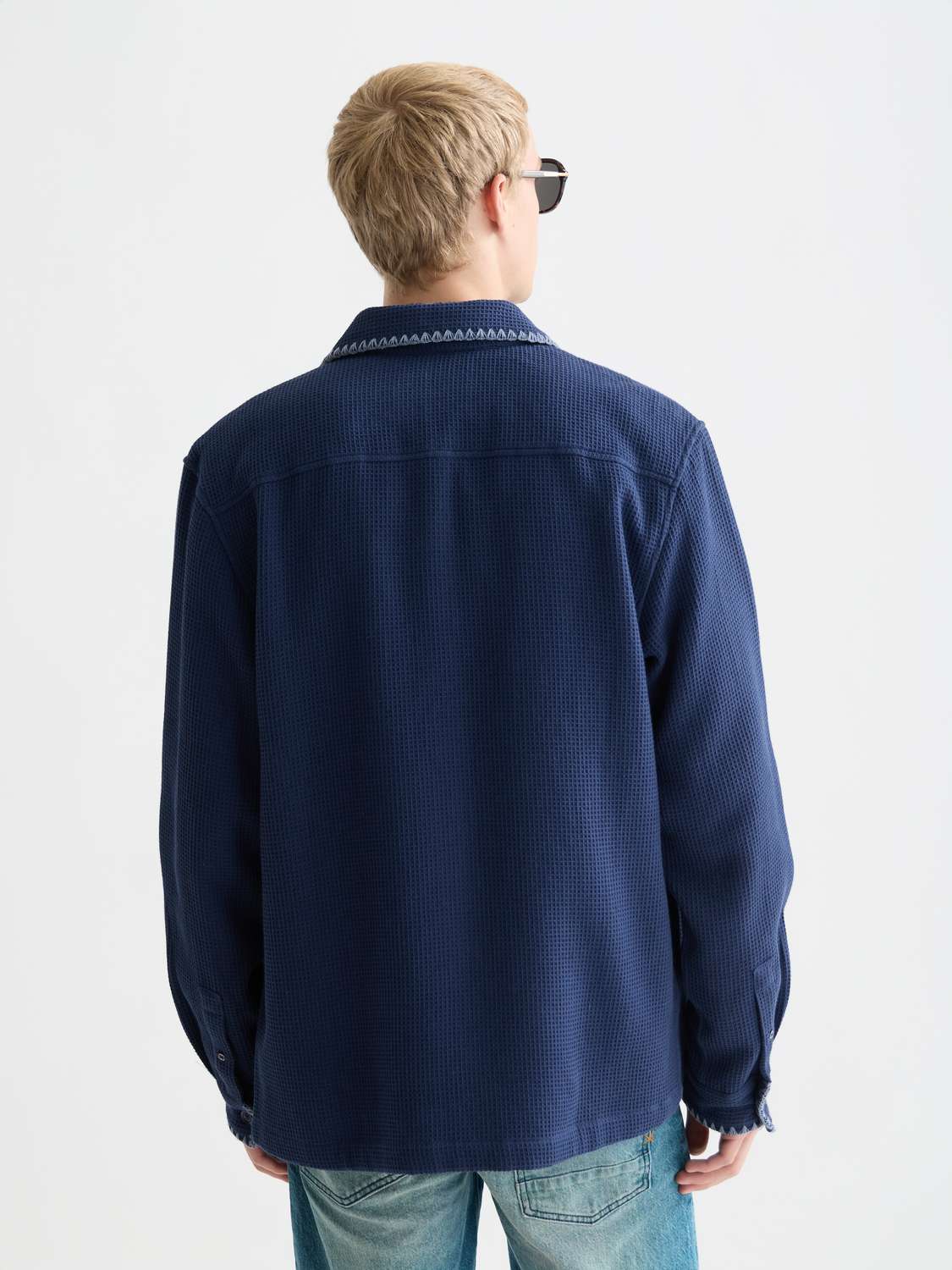 Long sleeve Scotch & Soda waffle-structured shirt with a back view, showcasing the textured fabric and stylish design.